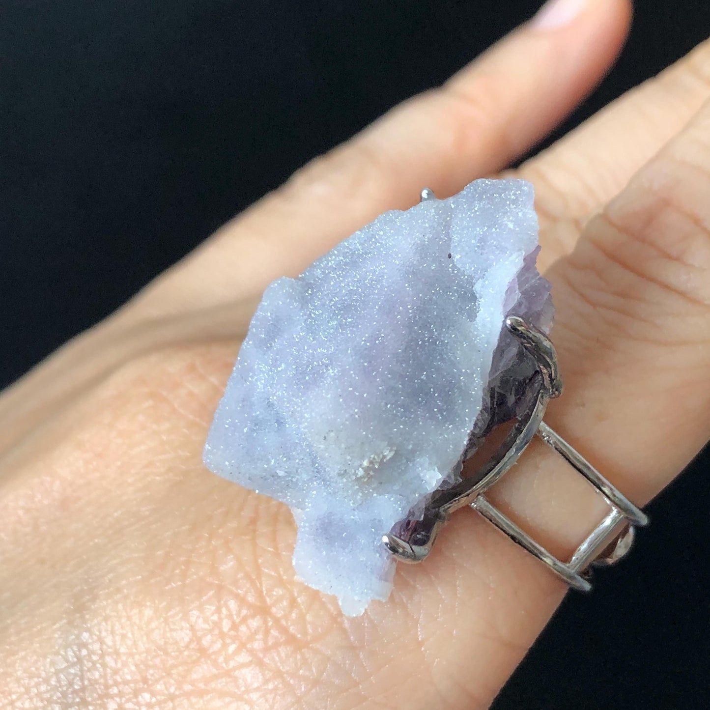 Raw Purple Fluorite Crystal Ring with Sparkling White Sugar-like Crystal Coating | Big Stone Statement Ring, Large Irregular Chucky Gemstone Gift for her Raw Mineral Ring Big Crystal Ring Huge Stone Ring Large Cocktail Ring for men silver-plated copper ring feburary birthstone adjustable band ring sparkle crystal ring for women