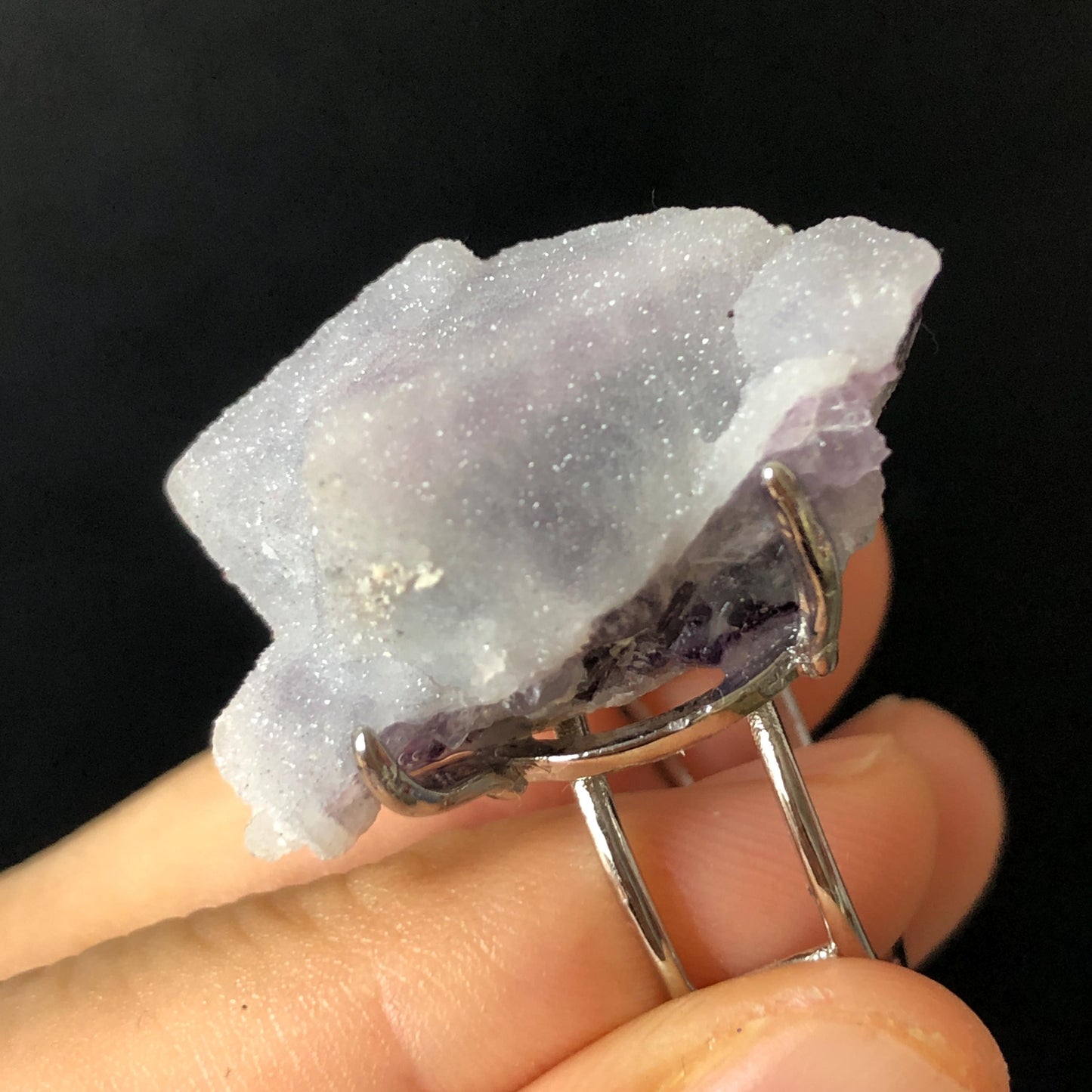 Raw Purple Fluorite Crystal Ring with Sparkling White Sugar-like Crystal Coating | Big Stone Statement Ring, Large Irregular Chucky Gemstone Gift for her Raw Mineral Ring Big Crystal Ring Huge Stone Ring Large Cocktail Ring for men silver-plated copper ring feburary birthstone adjustable band ring sparkle crystal ring for women