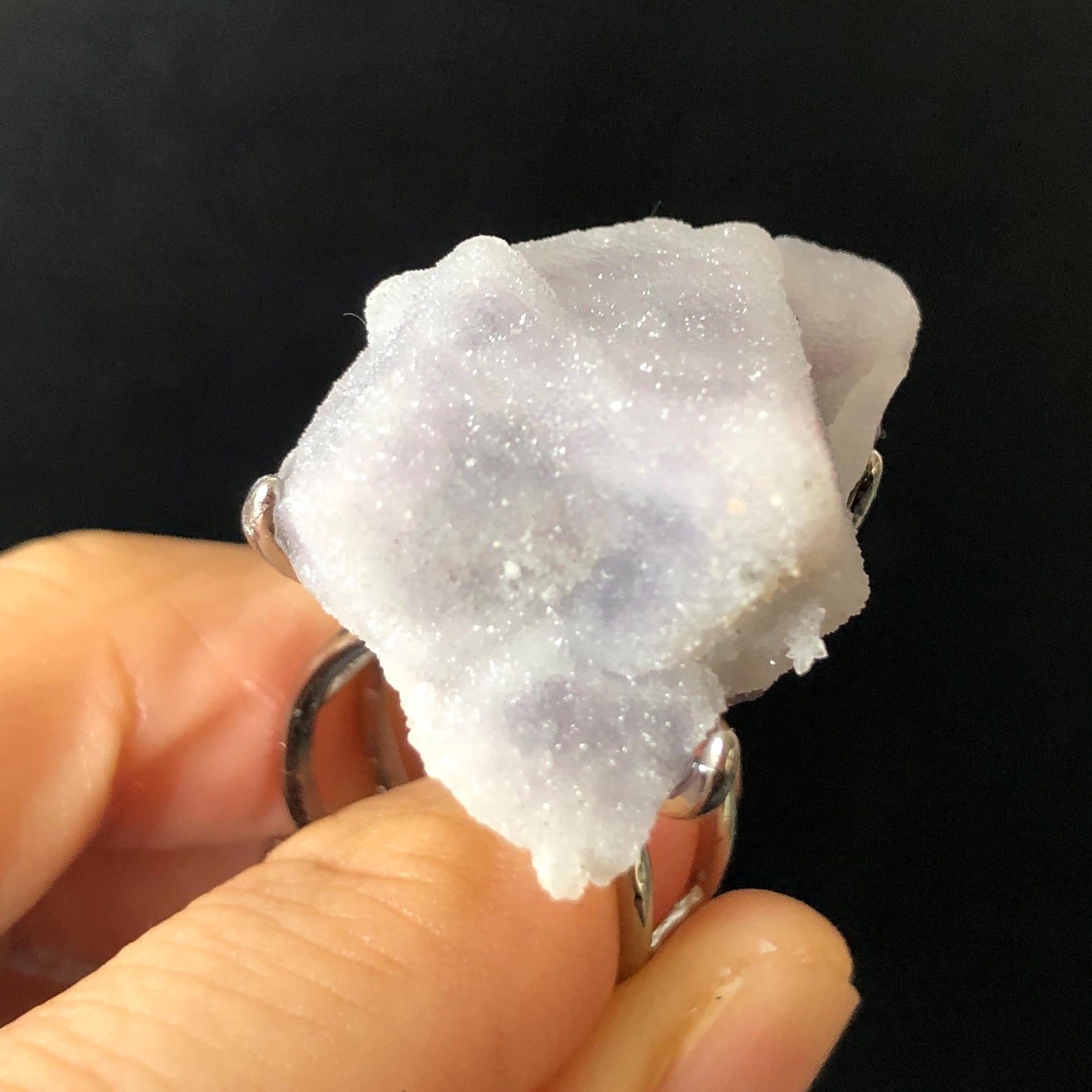 Raw Purple Fluorite Crystal Ring with Sparkling White Sugar-like Crystal Coating | Big Stone Statement Ring, Large Irregular Chucky Gemstone Gift for her Raw Mineral Ring Big Crystal Ring Huge Stone Ring Large Cocktail Ring for men silver-plated copper ring feburary birthstone adjustable band ring sparkle crystal ring for women