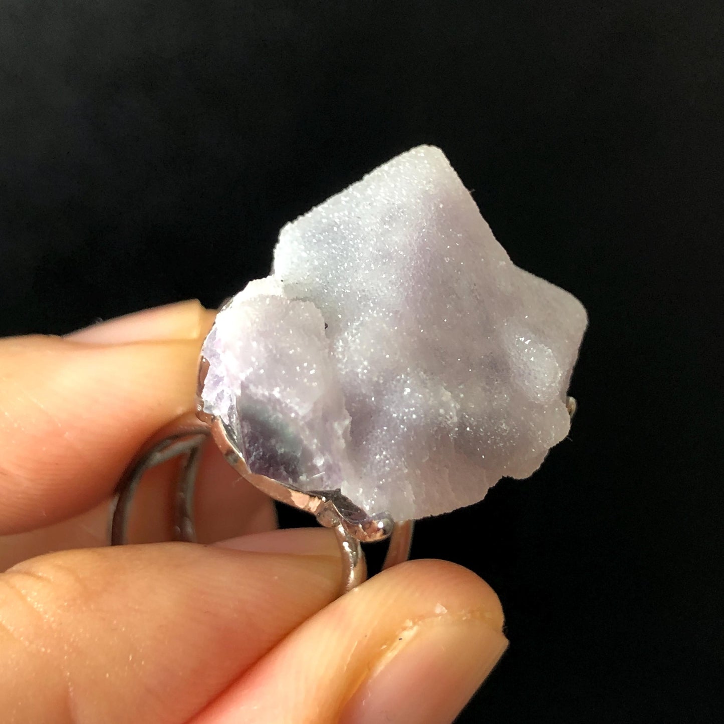 Raw Purple Fluorite Crystal Ring with Sparkling White Sugar-like Crystal Coating | Big Stone Statement Ring, Large Irregular Chucky Gemstone Gift for her Raw Mineral Ring Big Crystal Ring Huge Stone Ring Large Cocktail Ring for men silver-plated copper ring feburary birthstone adjustable band ring sparkle crystal ring for women