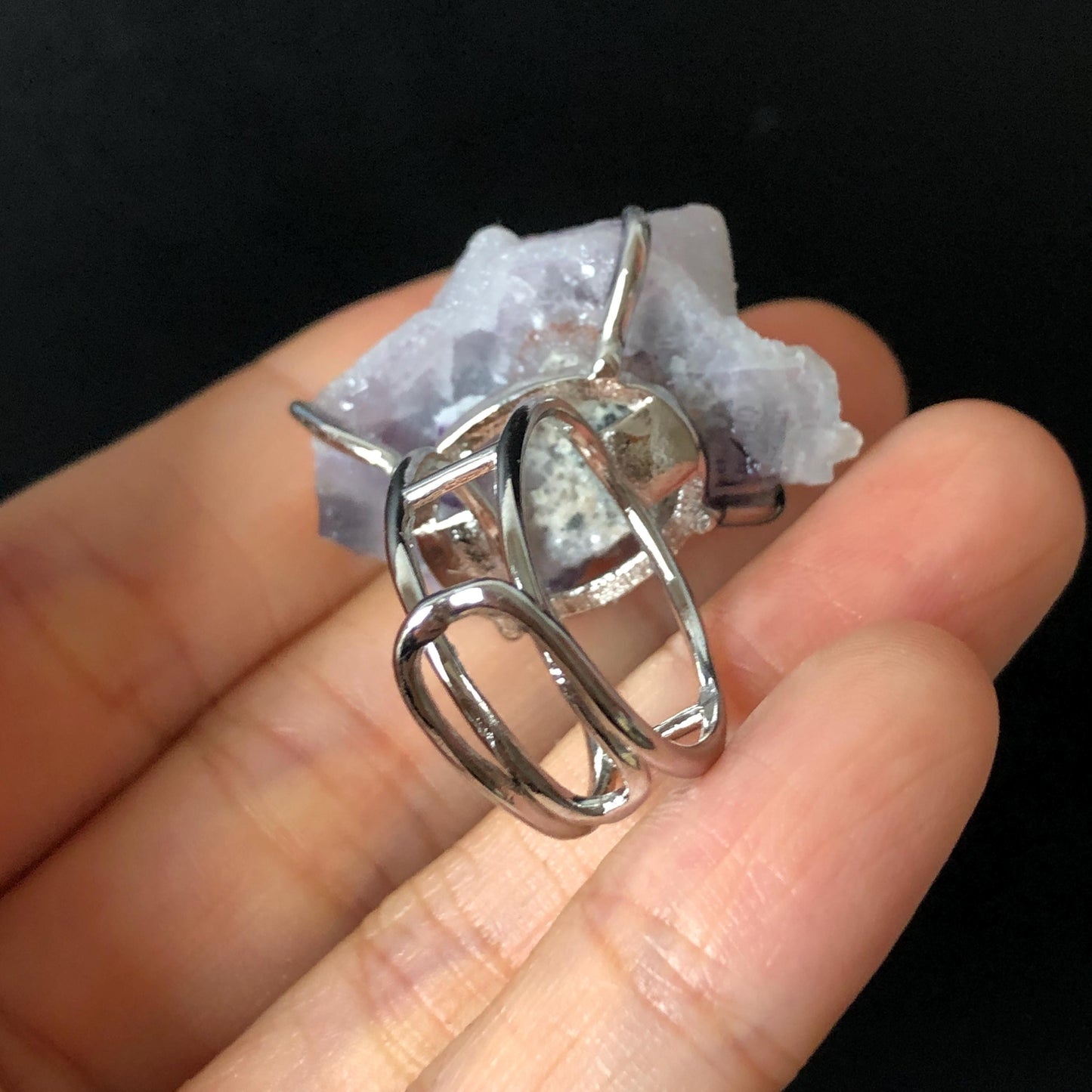 Raw Purple Fluorite Crystal Ring with Sparkling White Sugar-like Crystal Coating | Big Stone Statement Ring, Large Irregular Chucky Gemstone Gift for her Raw Mineral Ring Big Crystal Ring Huge Stone Ring Large Cocktail Ring for men silver-plated copper ring feburary birthstone adjustable band ring sparkle crystal ring for women