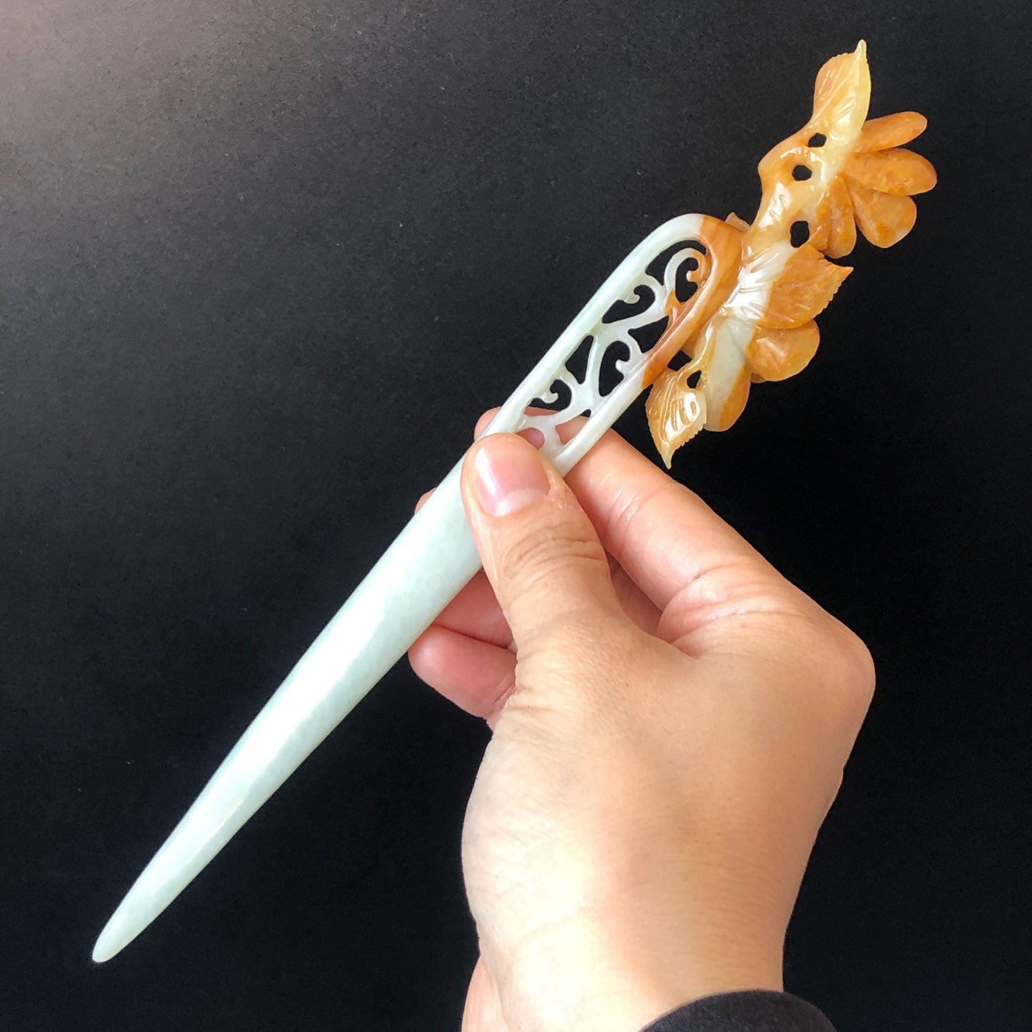 Certificate Xiu Jade Serpentine Hand Carved Peach Blossom Flower Hair Pin Hair Stick | Orange White Green | Asian Chinses Vintage Style Gift, Korean hair pin, Japanese Hair Stick, Chinese Hair Comb, Flower Jade Carving, engraved jade hairpin, white jade green jade orange jade certified natural jade gift for her mother day gift, bridal hairpin, wedding hair stick