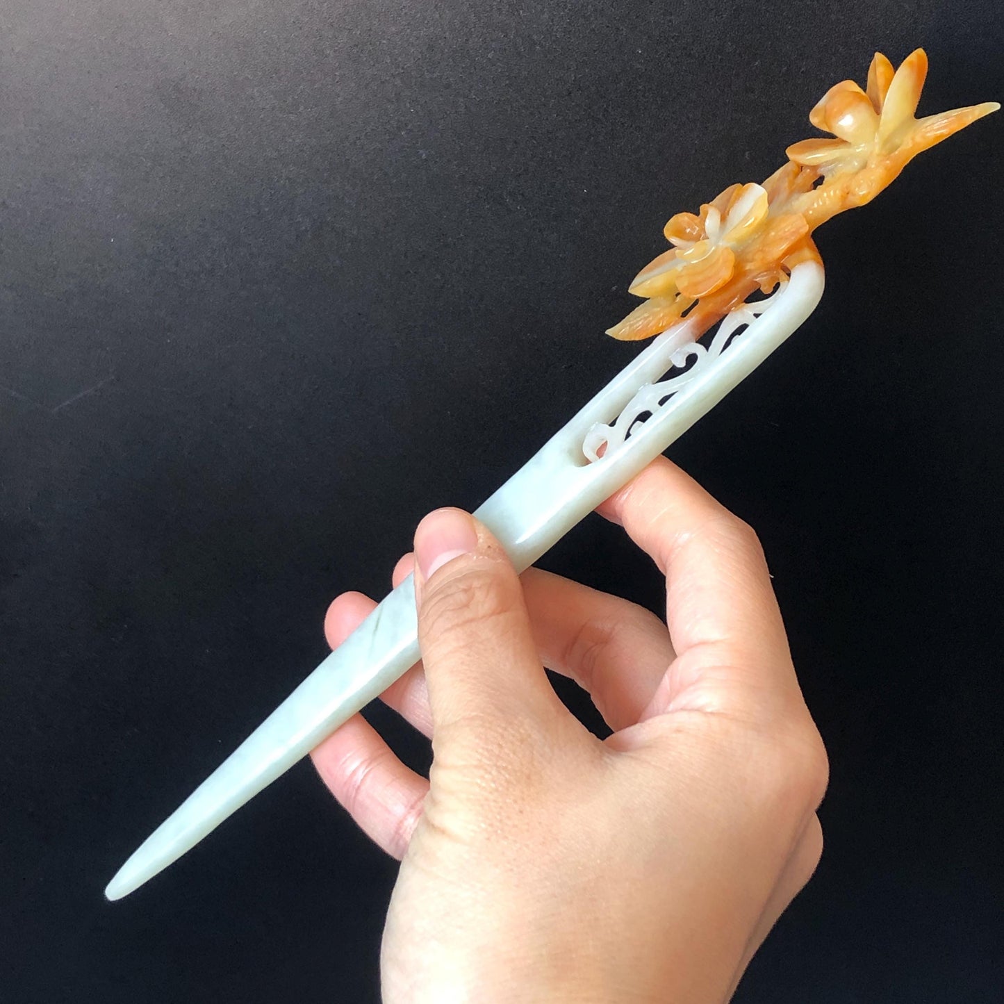 Certificate Xiu Jade Serpentine Hand Carved Peach Blossom Flower Hair Pin Hair Stick | Orange White Green | Asian Chinses Vintage Style Gift, Korean hair pin, Japanese Hair Stick, Chinese Hair Comb, Flower Jade Carving, engraved jade hairpin, white jade green jade orange jade certified natural jade gift for her mother day gift, bridal hairpin, wedding hair stick