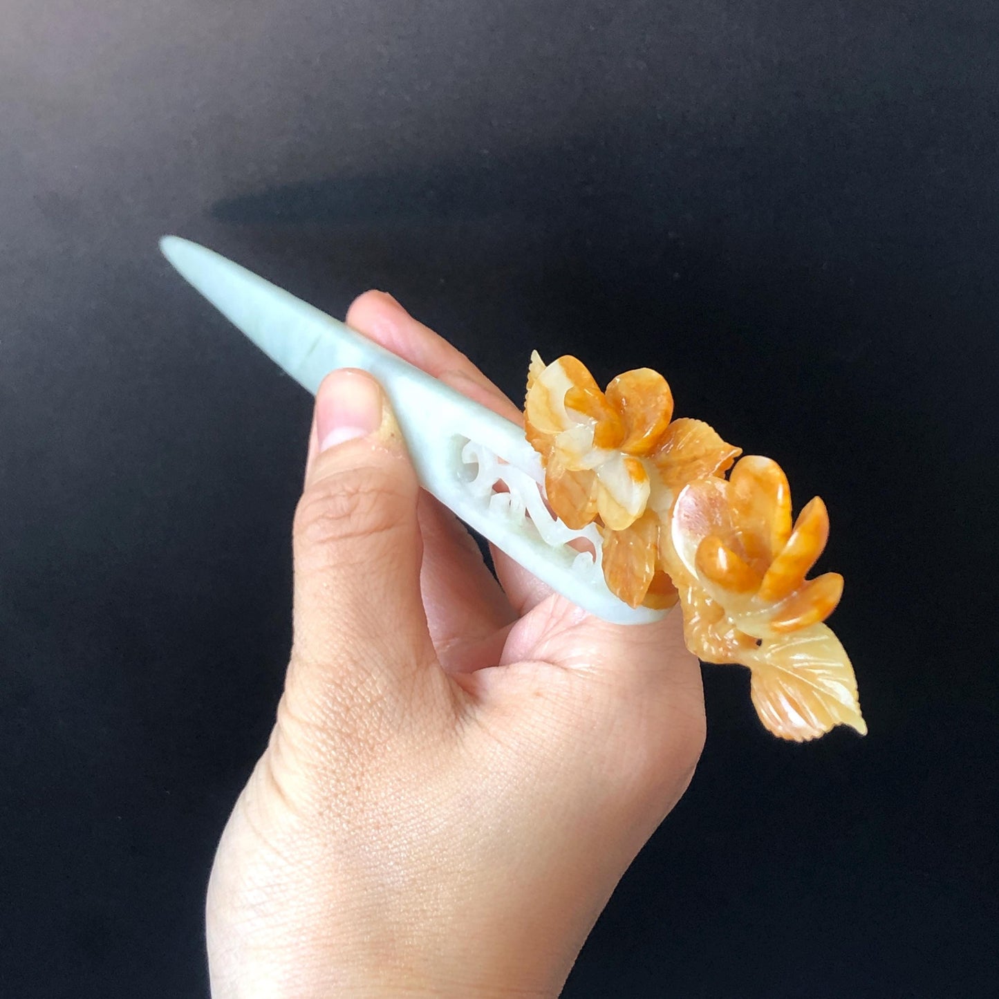 Certificate Xiu Jade Serpentine Hand Carved Peach Blossom Flower Hair Pin Hair Stick | Orange White Green | Asian Chinses Vintage Style Gift, Korean hair pin, Japanese Hair Stick, Chinese Hair Comb, Flower Jade Carving, engraved jade hairpin, white jade green jade orange jade certified natural jade gift for her mother day gift, bridal hairpin, wedding hair stick