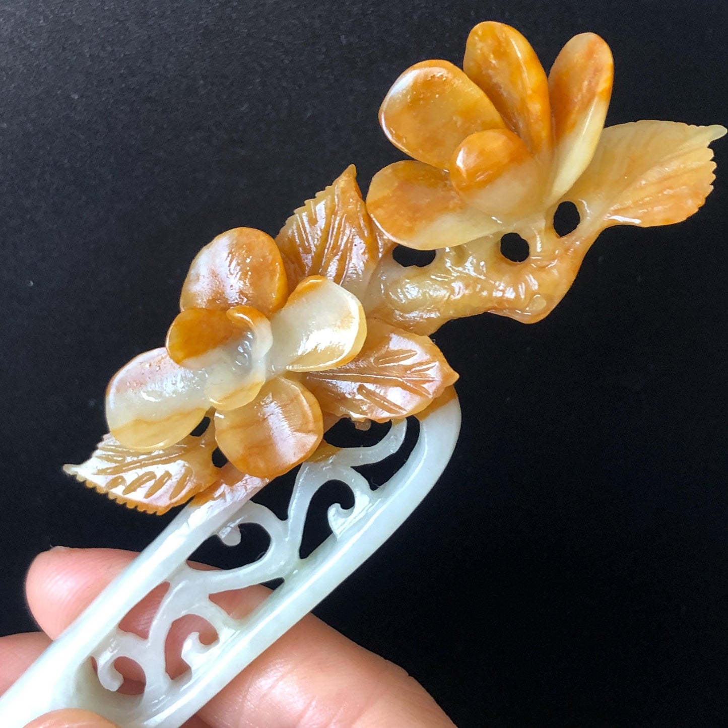 Certificate Xiu Jade Serpentine Hand Carved Peach Blossom Flower Hair Pin Hair Stick | Orange White Green | Asian Chinses Vintage Style Gift, Korean hair pin, Japanese Hair Stick, Chinese Hair Comb, Flower Jade Carving, engraved jade hairpin, white jade green jade orange jade certified natural jade gift for her mother day gift, bridal hairpin, wedding hair stick