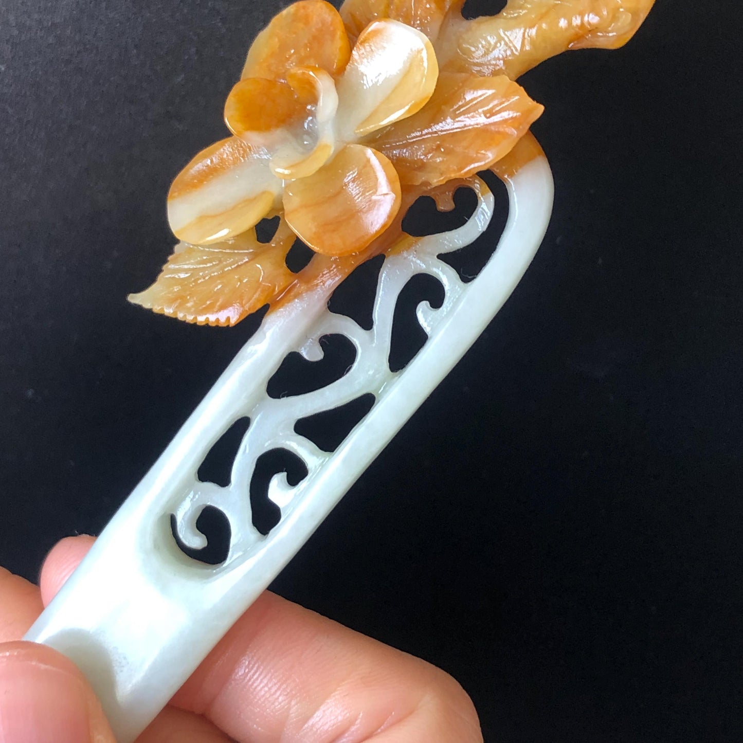 Certificate Xiu Jade Serpentine Hand Carved Peach Blossom Flower Hair Pin Hair Stick | Orange White Green | Asian Chinses Vintage Style Gift, Korean hair pin, Japanese Hair Stick, Chinese Hair Comb, Flower Jade Carving, engraved jade hairpin, white jade green jade orange jade certified natural jade gift for her mother day gift, bridal hairpin, wedding hair stick
