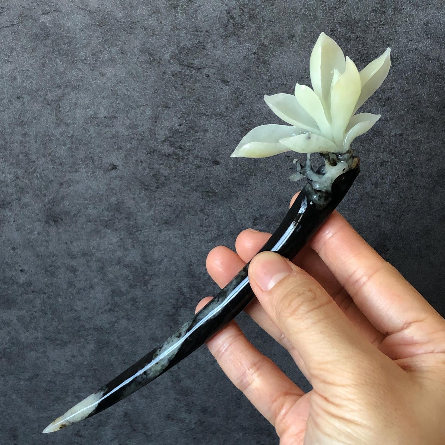 Certificate Natural Xiu Jade Serpentine Hand Carved Yulan Magnolia Flower Hair Pin, Black White Jade Hair Stick, Asian Chinses Vintage Style certified jade black jade white jade carving hand engraved flower jade hairpin korean hair fork japanese hair stick bridal shower hair pin wedding hairpin gift for her vintage hair comb antique hair stick