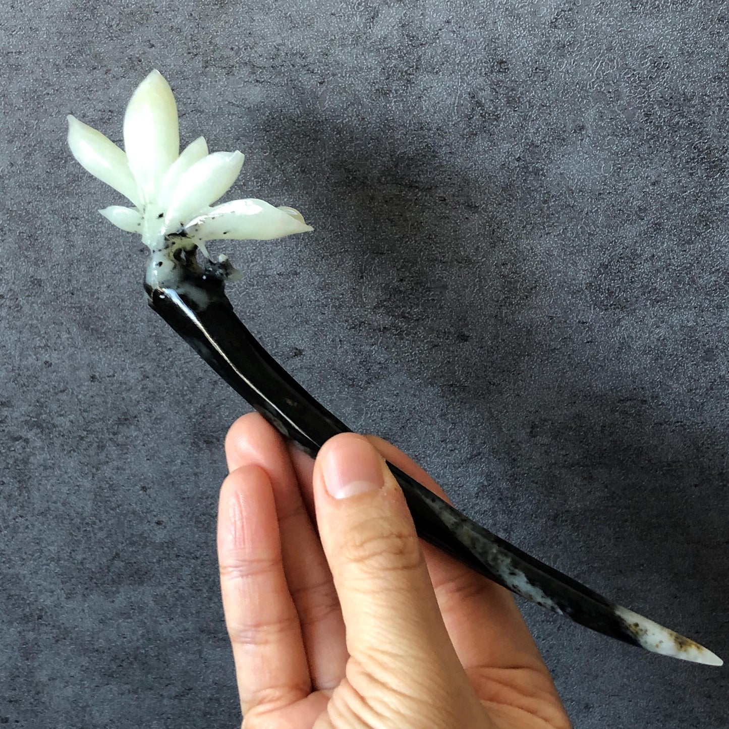 Certificate Natural Xiu Jade Serpentine Hand Carved Yulan Magnolia Flower Hair Pin, Black White Jade Hair Stick, Asian Chinses Vintage Style