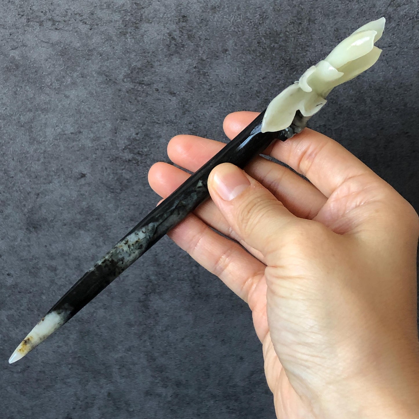 Certificate Natural Xiu Jade Serpentine Hand Carved Yulan Magnolia Flower Hair Pin, Black White Jade Hair Stick, Asian Chinses Vintage Style