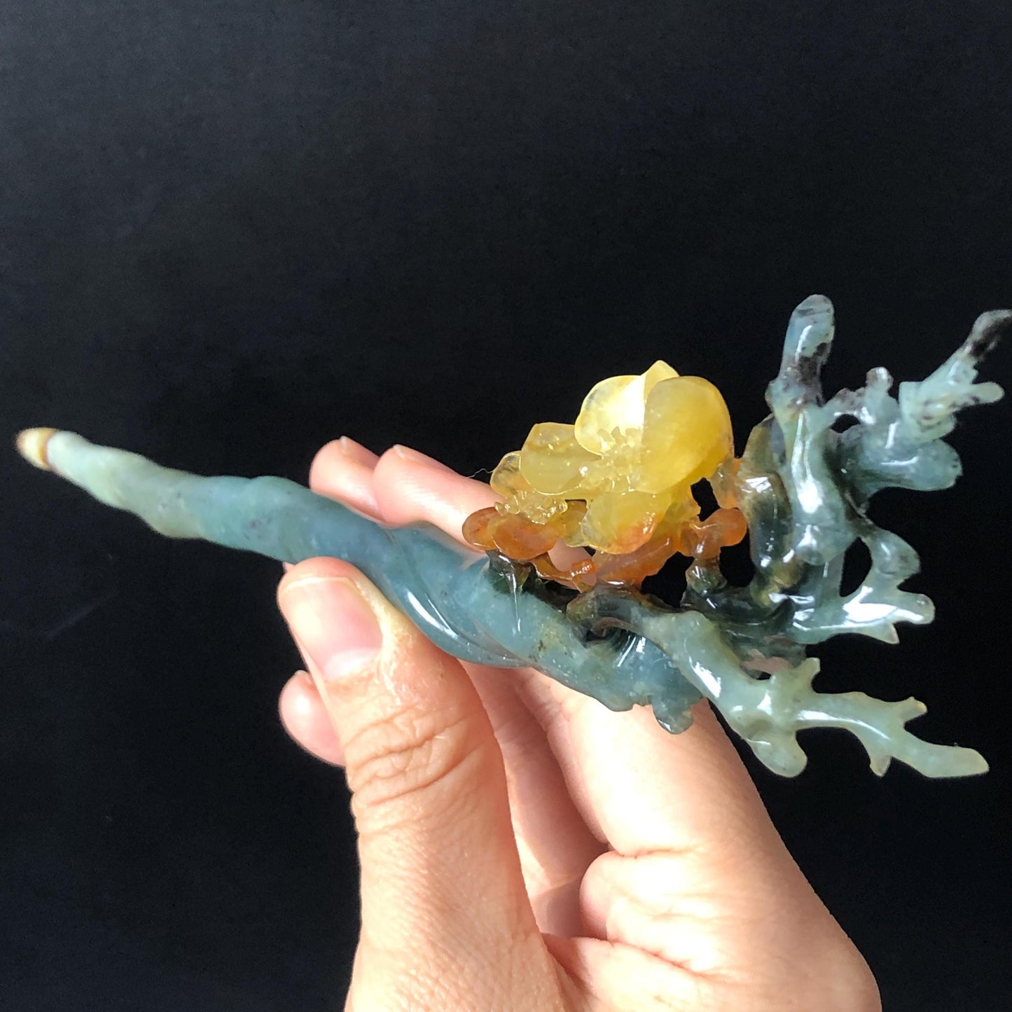 Certificate Xiu Jade Serpentine Hand Carved Plum Blossom Flower Hairpin | Caramel Green Jade Hair Stick | Asian Chinese Vintage Gift for her natural untreated jade carving green jade yellow jade orange jade hair clip japanese hair pin korean hair stick chinese hair fork antique hair comb wedding hairpin bridal shower gift engagement hair jewelry mother day gift carved flower jade flower carving multi colour jade