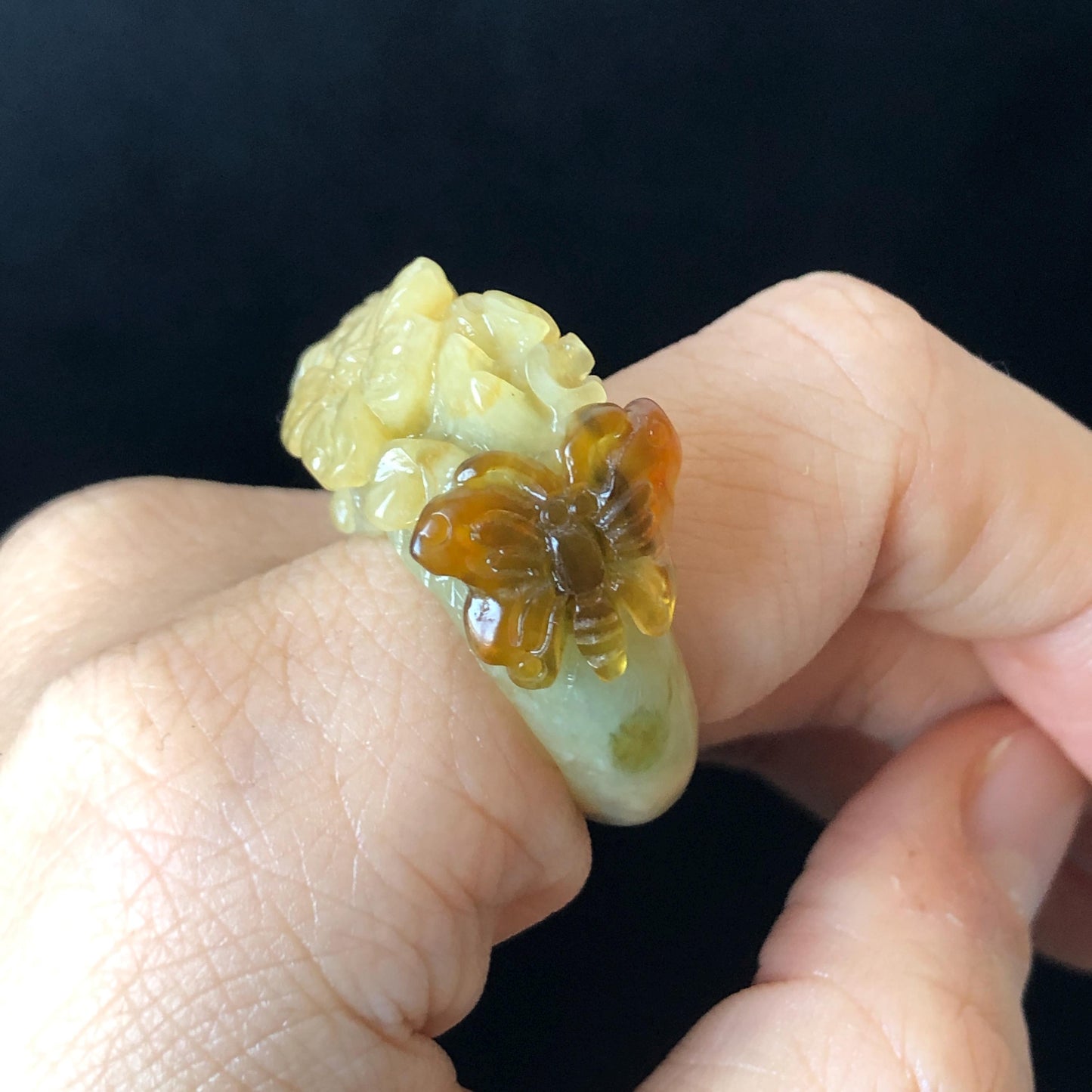 Natural Xiu Jade (Serpentine) Hand Craved Flower with Butterfly Ring | 17.1mm (US 7) | Yellow, Caramel & Greenish Blue | Crystal Gemstone ring hand engraved jade ring green jade yellow jade caramel jade multi colour jade carving flower carving butterfly carving statement ring for women carved flower ring untreated natural jade
