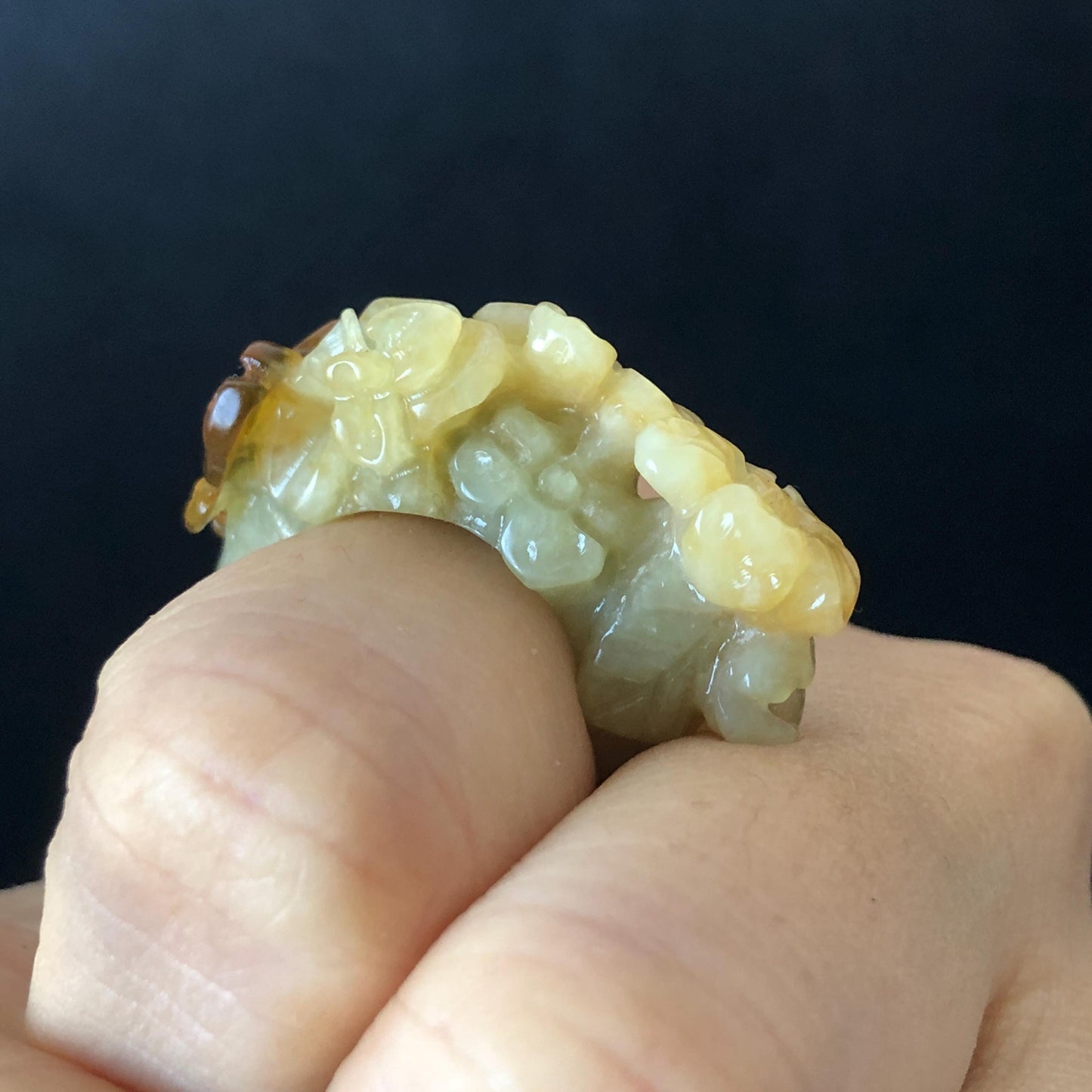 Natural Xiu Jade (Serpentine) Hand Craved Flower with Butterfly Ring | 17.1mm (US 7) | Yellow, Caramel & Greenish Blue | Crystal Gemstone ring hand engraved jade ring green jade yellow jade caramel jade multi colour jade carving flower carving butterfly carving statement ring for women carved flower ring untreated natural jade