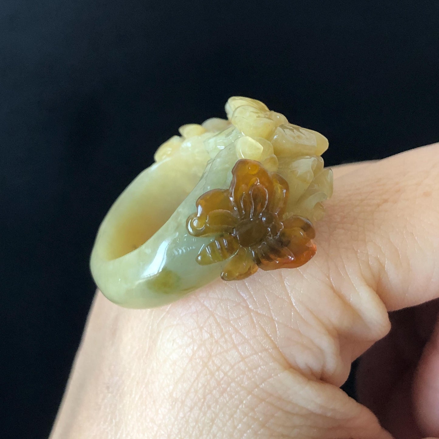 Natural Xiu Jade (Serpentine) Hand Craved Flower with Butterfly Ring | 17.1mm (US 7) | Yellow, Caramel & Greenish Blue | Crystal Gemstone ring hand engraved jade ring green jade yellow jade caramel jade multi colour jade carving flower carving butterfly carving statement ring for women carved flower ring untreated natural jade