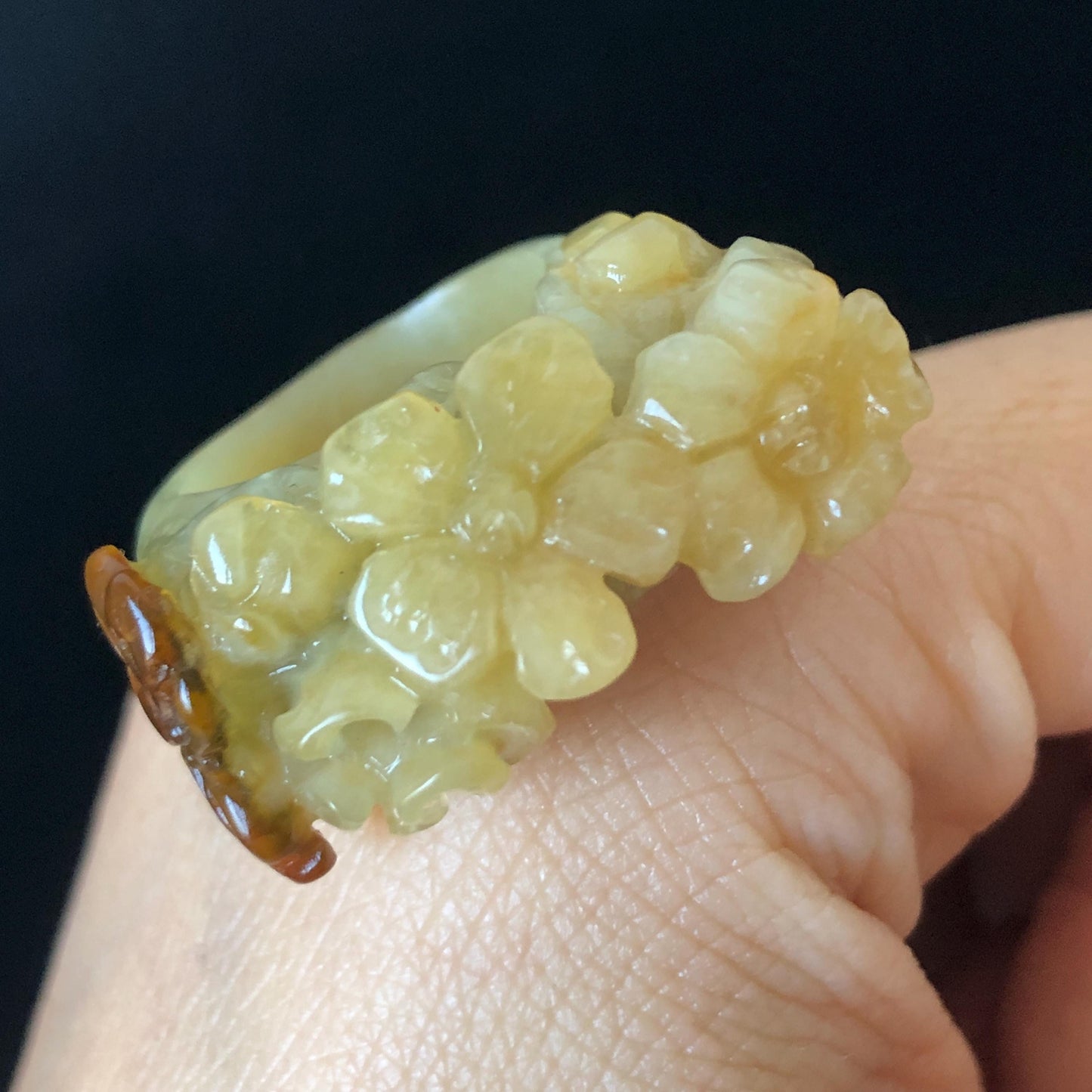 Natural Xiu Jade (Serpentine) Hand Craved Flower with Butterfly Ring | 17.1mm (US 7) | Yellow, Caramel & Greenish Blue | Crystal Gemstone ring hand engraved jade ring green jade yellow jade caramel jade multi colour jade carving flower carving butterfly carving statement ring for women carved flower ring untreated natural jade