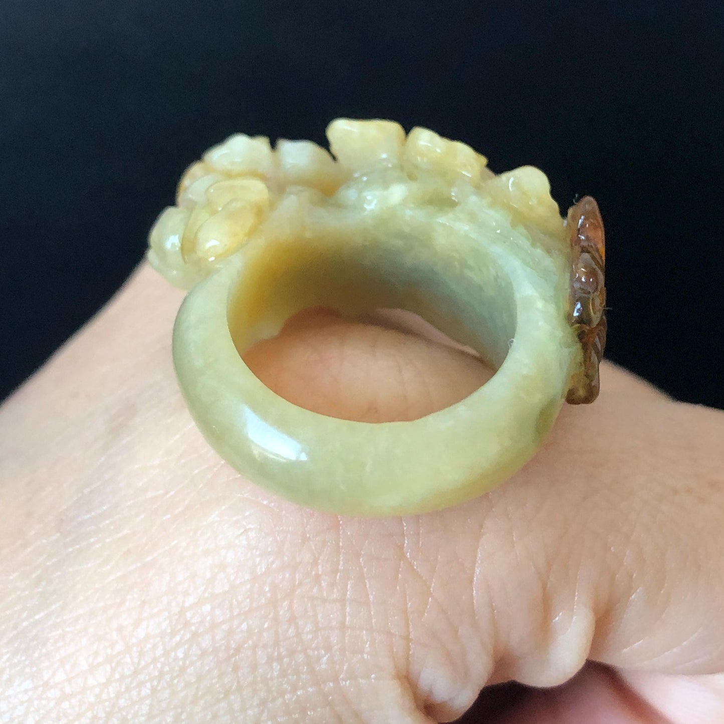 Natural Xiu Jade (Serpentine) Hand Craved Flower with Butterfly Ring | 17.1mm (US 7) | Yellow, Caramel & Greenish Blue | Crystal Gemstone ring hand engraved jade ring green jade yellow jade caramel jade multi colour jade carving flower carving butterfly carving statement ring for women carved flower ring untreated natural jade