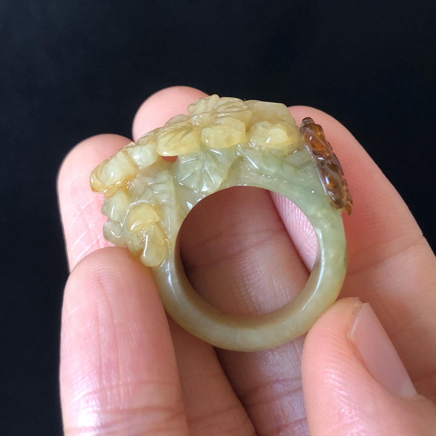 Natural Xiu Jade (Serpentine) Hand Craved Flower with Butterfly Ring | 17.1mm (US 7) | Yellow, Caramel & Greenish Blue | Crystal Gemstone ring hand engraved jade ring green jade yellow jade caramel jade multi colour jade carving flower carving butterfly carving statement ring for women carved flower ring untreated natural jade
