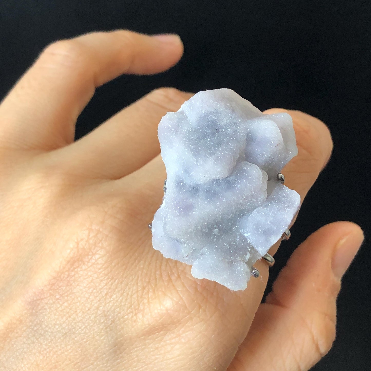 Raw Purple Fluorite Crystal Ring with Sparkling Sugar-like Crystal Coating | White Sugar Cube | Adjustable Statement Band Ring Gift for her purple crystal ring purple stone ring white stone ring gemstone statement ring irregular stone ring chunky crystal ring big stone ring huge cocktail ring large gemstone cocktail ring raw minerals ring mineral specimen February march birthstone birthday ring