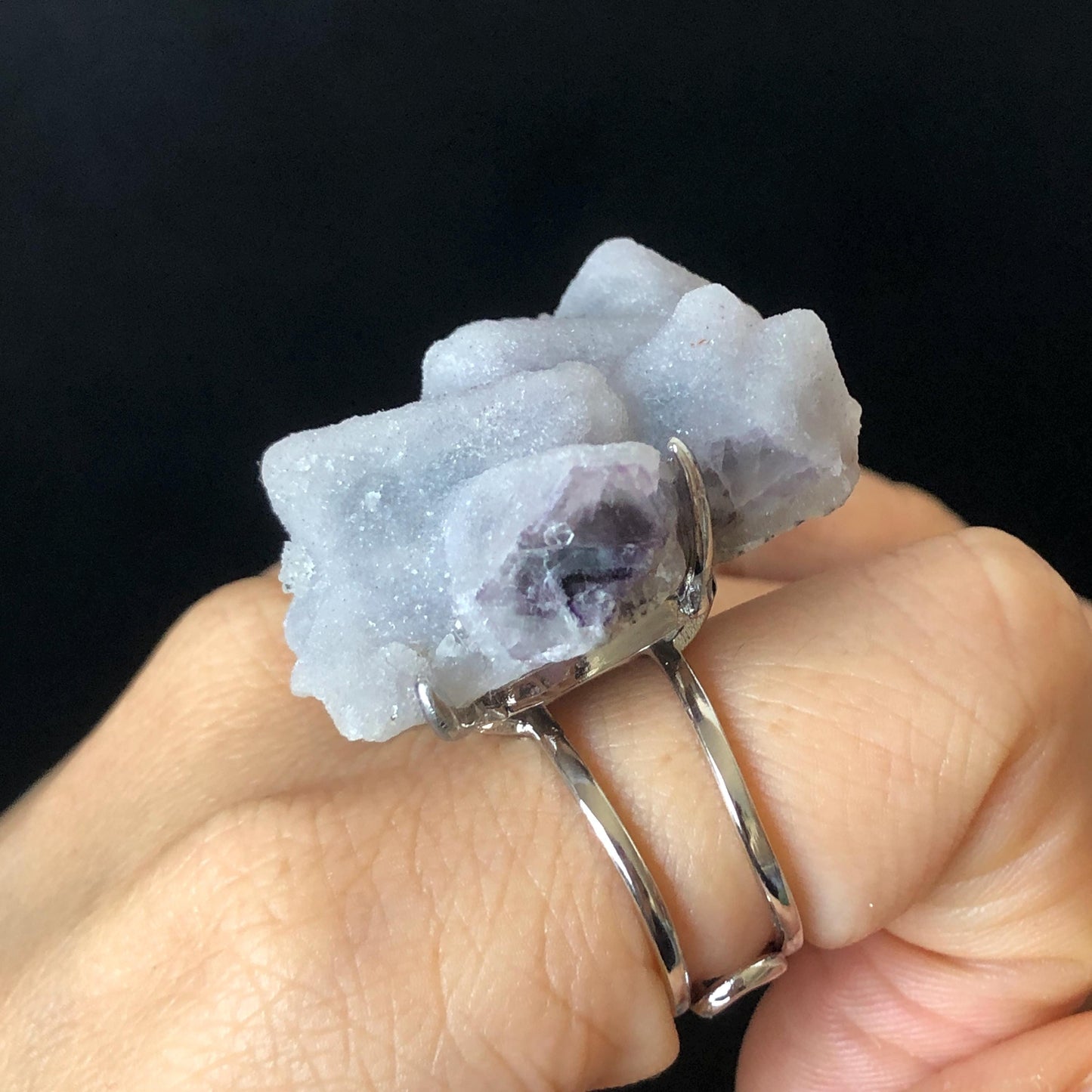 Raw Purple Fluorite Crystal Ring with Sparkling Sugar-like Crystal Coating | White Sugar Cube | Adjustable Statement Band Ring Gift for her purple crystal ring purple stone ring white stone ring gemstone statement ring irregular stone ring chunky crystal ring big stone ring huge cocktail ring large gemstone cocktail ring raw minerals ring mineral specimen February march birthstone birthday ring