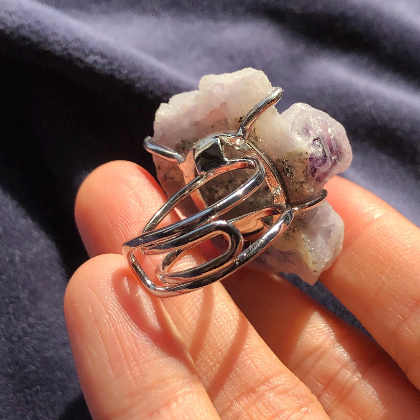 Raw Purple Fluorite Crystal Ring with Sparkling Sugar-like Crystal Coating | White Sugar Cube | Adjustable Statement Band Ring Gift for her purple crystal ring purple stone ring white stone ring gemstone statement ring irregular stone ring chunky crystal ring big stone ring huge cocktail ring large gemstone cocktail ring raw minerals ring mineral specimen February march birthstone birthday ring