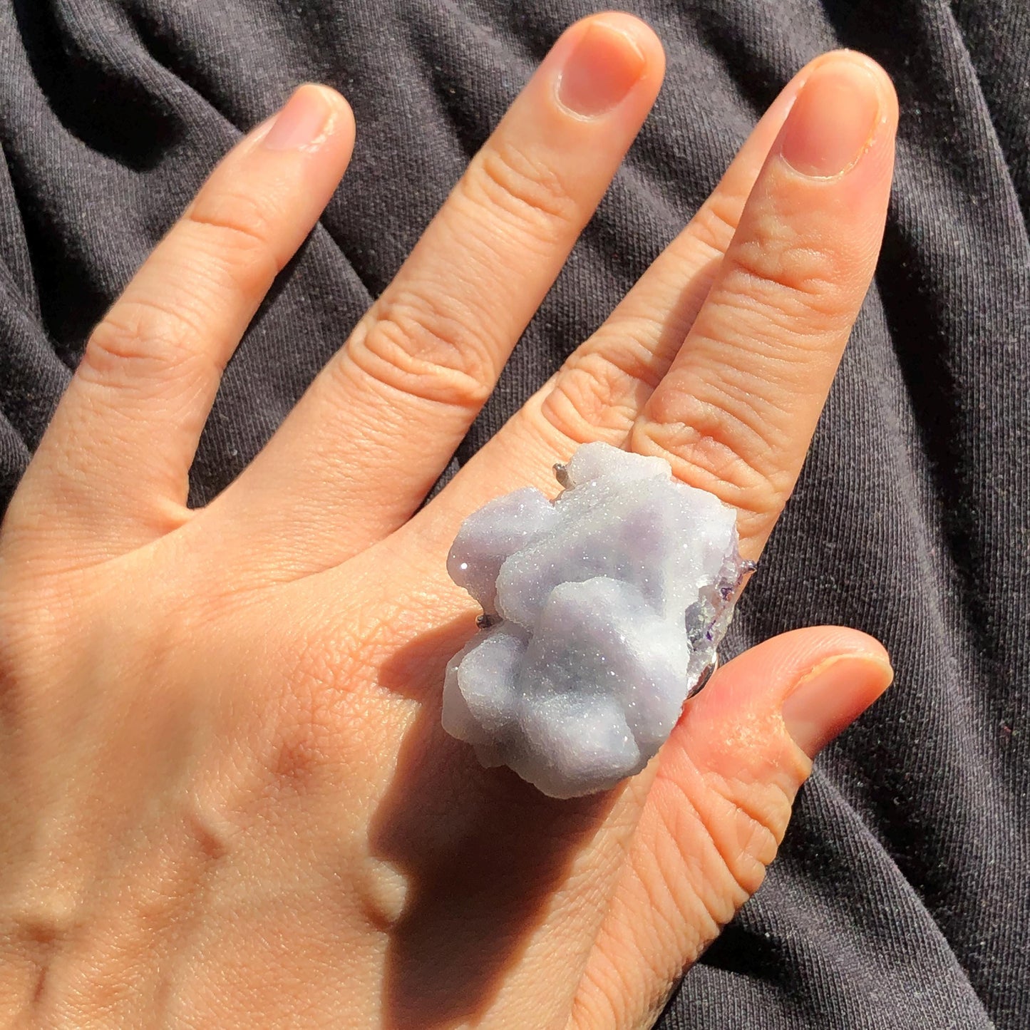 Raw Purple Fluorite Crystal Ring with Sparkling Sugar-like Crystal Coating | White Sugar Cube | Adjustable Statement Band Ring Gift for her purple crystal ring purple stone ring white stone ring gemstone statement ring irregular stone ring chunky crystal ring big stone ring huge cocktail ring large gemstone cocktail ring raw minerals ring mineral specimen February march birthstone birthday ring