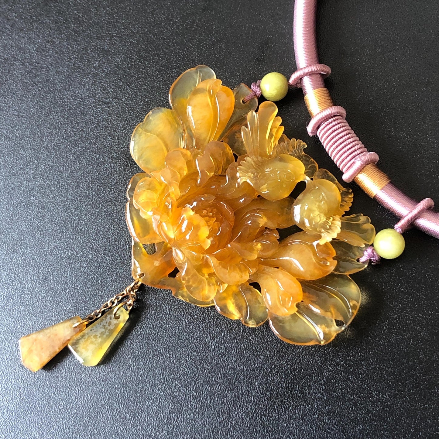 Natural Xiu Jade Serpentine Hand Carved Magpie Birds & Peony Flower Pendant Adjustable Necklace | Golden Yellow Stone Crystal Gemstone Gift for her natural jade carving bird carving peony carving flower carving hand carved jade pendant hand engraved magpie yellow jade icy chinese jade vintage jade necklace adjustable necklace certified jade certificate luck charm