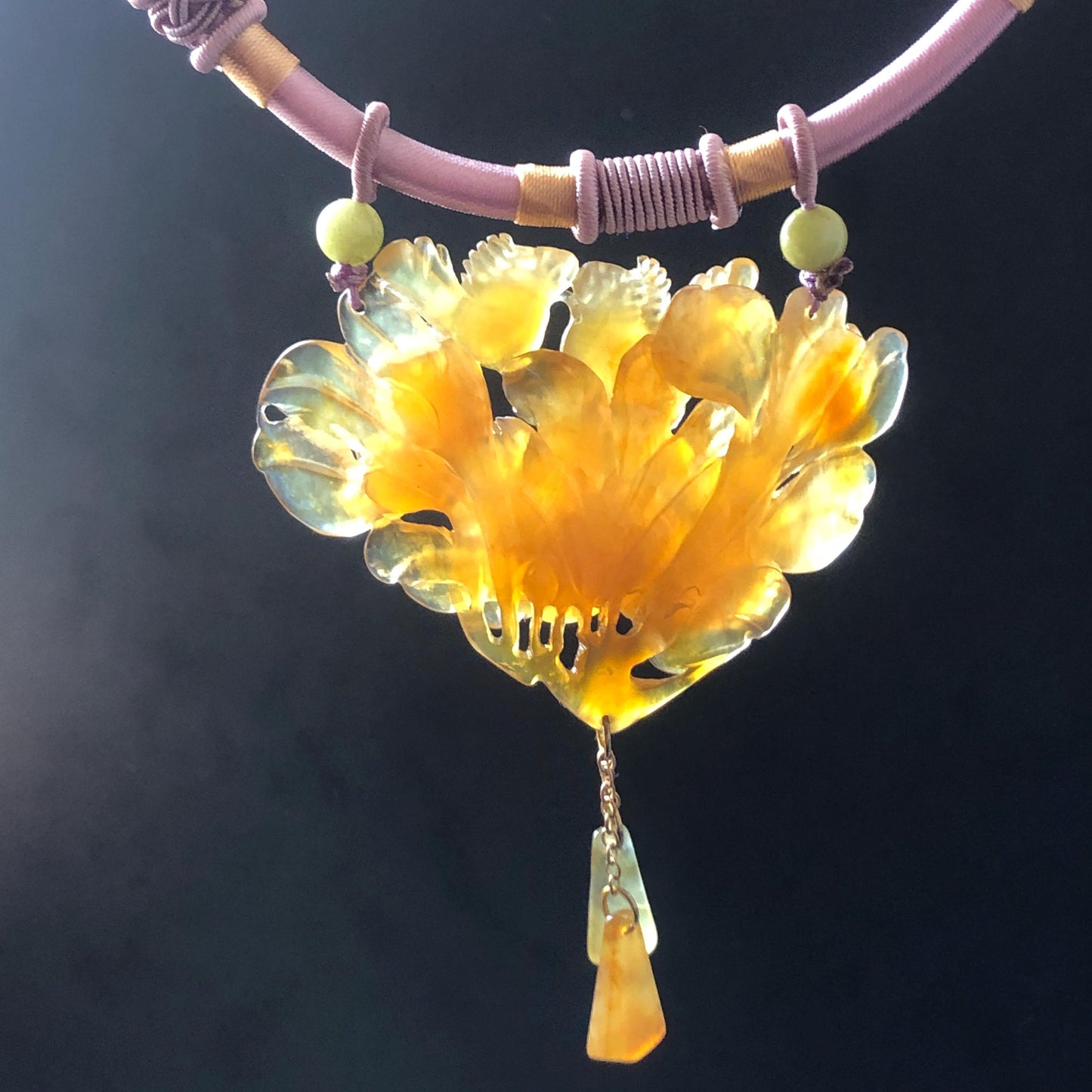 Natural Xiu Jade Serpentine Hand Carved Magpie Birds & Peony Flower Pendant Adjustable Necklace | Golden Yellow Stone Crystal Gemstone Gift for her natural jade carving bird carving peony carving flower carving hand carved jade pendant hand engraved magpie yellow jade icy chinese jade vintage jade necklace adjustable necklace certified jade certificate luck charm