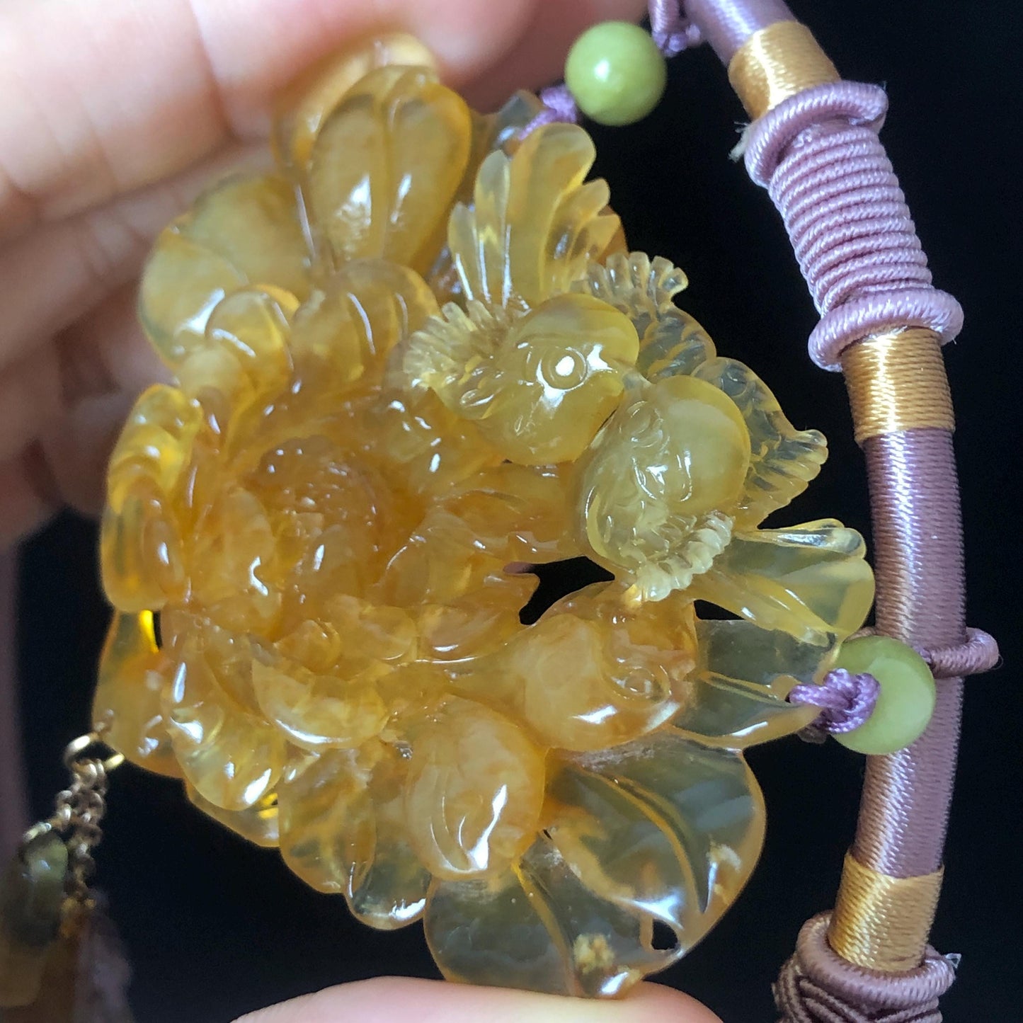 Natural Xiu Jade Serpentine Hand Carved Magpie Birds & Peony Flower Pendant Adjustable Necklace | Golden Yellow Stone Crystal Gemstone Gift for her natural jade carving bird carving peony carving flower carving hand carved jade pendant hand engraved magpie yellow jade icy chinese jade vintage jade necklace adjustable necklace certified jade certificate luck charm