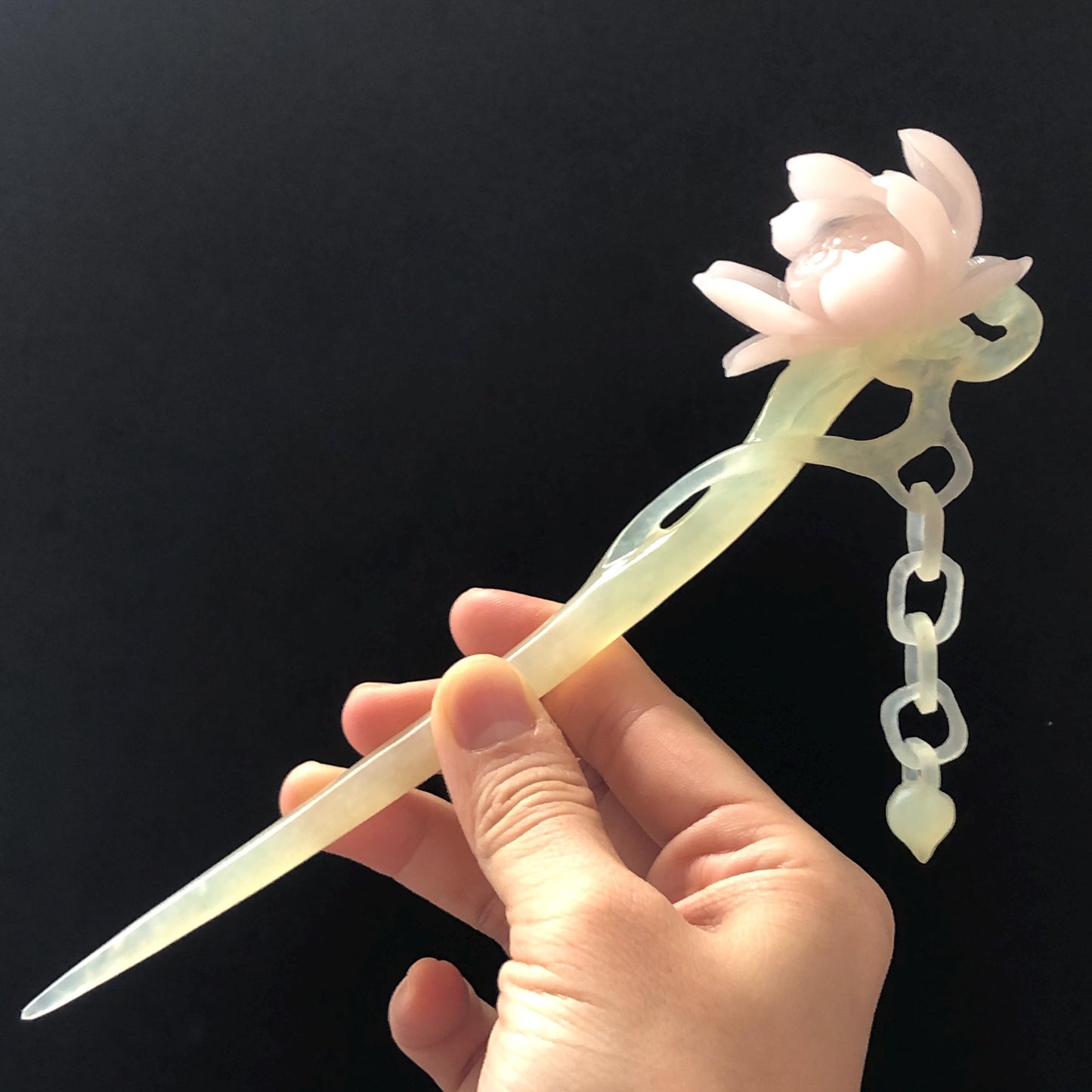 Natural Xiu Jade Serpentine Hand Carved Pink Lotus Flower Hair Pin | Pink & Green Jade Hair Stick | Asian Chinses Vintage Style Gift for her, japanese hairpin korean hair stick chinese jade hair comb pink jade green jade carving hand engraved flower hairpin, bridal shower wedding hair fork