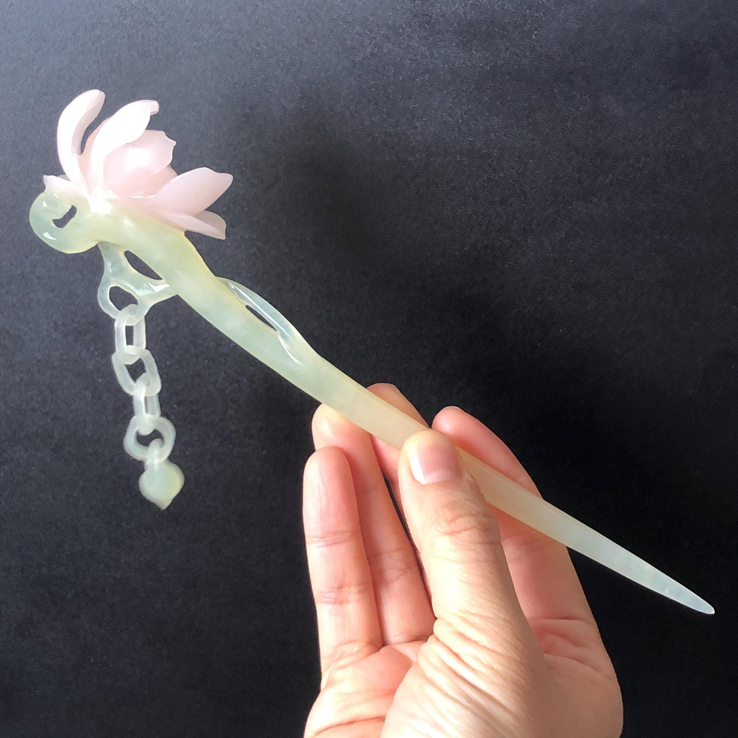 Natural Xiu Jade Serpentine Hand Carved Pink Lotus Flower Hair Pin | Pink & Green Jade Hair Stick | Asian Chinses Vintage Style Gift for her, japanese hairpin korean hair stick chinese jade hair comb pink jade green jade carving hand engraved flower hairpin, bridal shower wedding hair fork