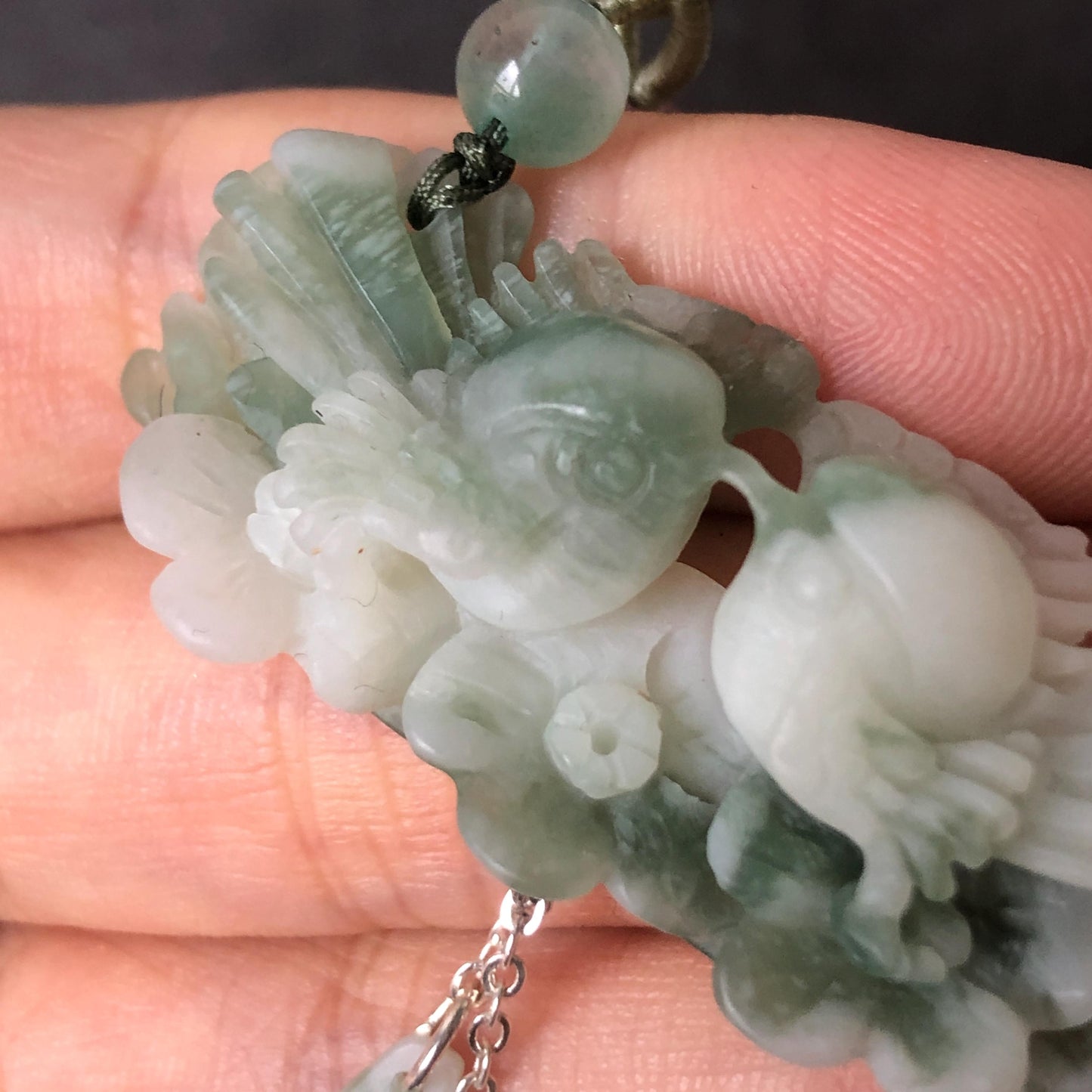 Certified Natural Xiu Jade Serpentine Hand Carved Magpie Birds and Flower Pendant Adjustable Necklace | White & Green Stone Crystal Gemstone charm necklace gift for her green jade carving white jade pendant bird carving flower carving carved flower charm hand engraved birds pendant certificate real jade wedding gift engagement gift for her dangle necklace