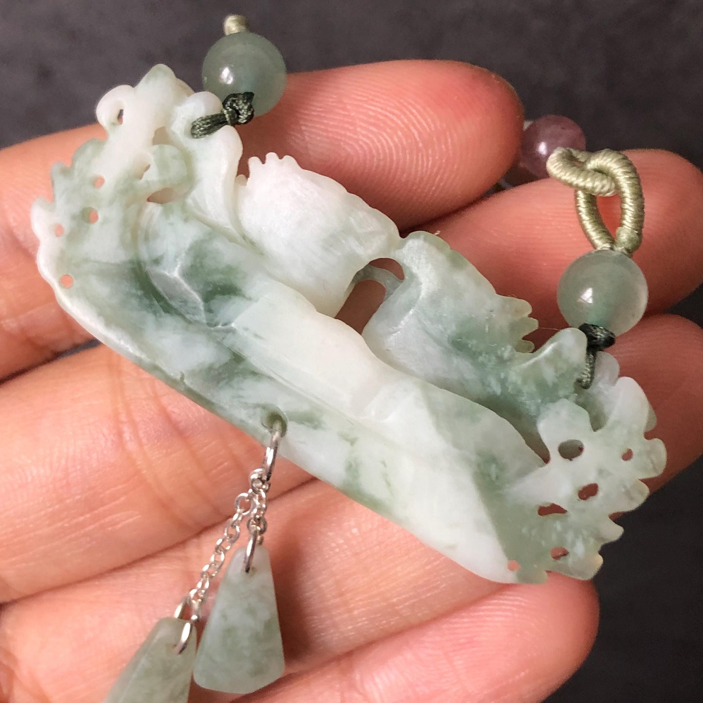Certified Natural Xiu Jade Serpentine Hand Carved Magpie Birds and Flower Pendant Adjustable Necklace | White & Green Stone Crystal Gemstone charm necklace gift for her green jade carving white jade pendant bird carving flower carving carved flower charm hand engraved birds pendant certificate real jade wedding gift engagement gift for her dangle necklace