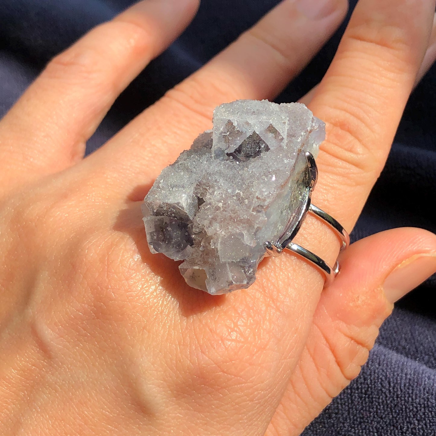Raw Purple Fluorite Ring with Pink & White Sugar-like coating, Pink Sparky Large Raw Stone Ring Big Crystal Ring, Chunky Irregular ring gift for her large statement ring hugh cocktail ring silver plated copper ring adjustable band ring birthstone ring meditation stone men statement ring