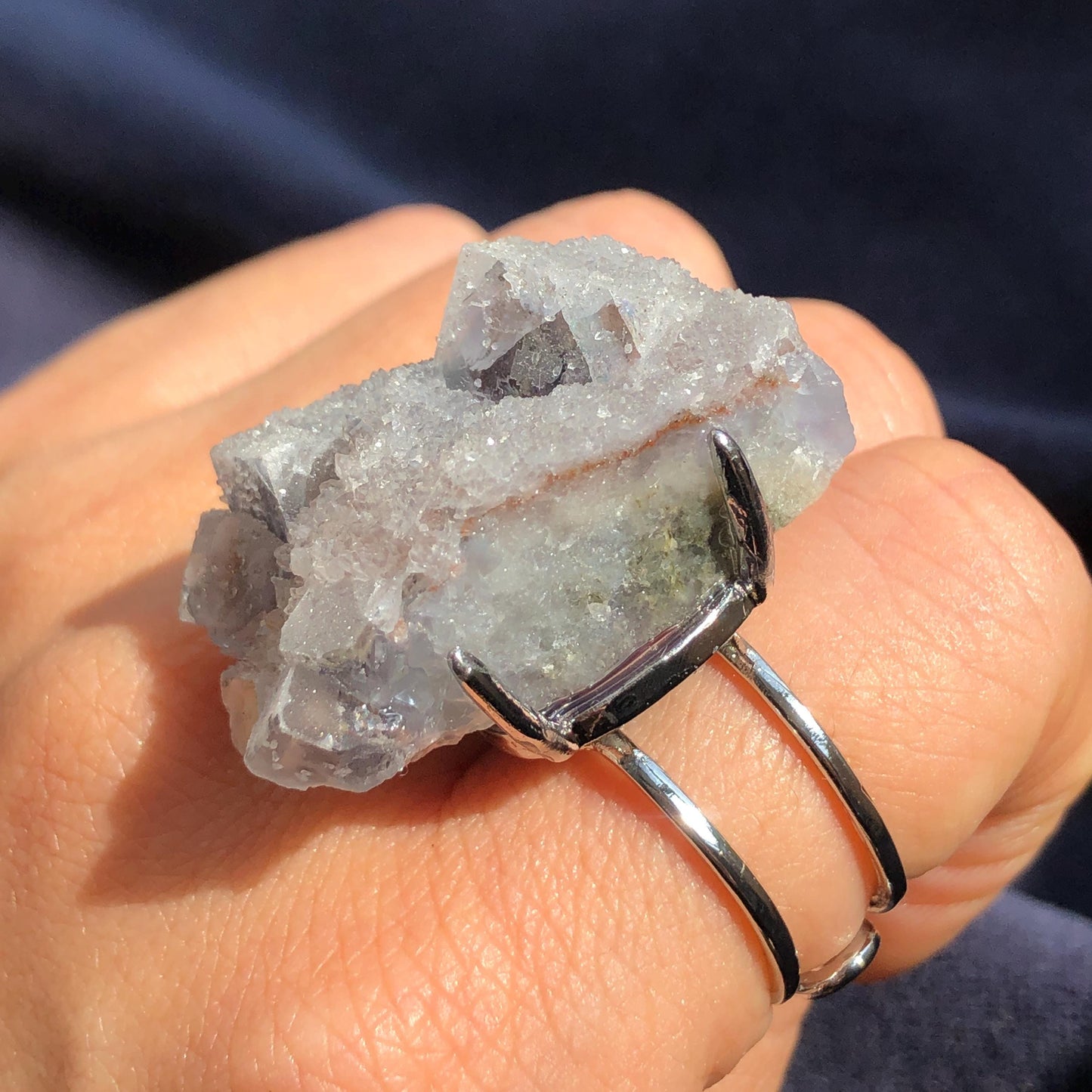 Raw Purple Fluorite Ring with Pink & White Sugar-like coating, Pink Sparky Large Raw Stone Ring Big Crystal Ring, Chunky Irregular ring gift for her large statement ring hugh cocktail ring silver plated copper ring adjustable band ring birthstone ring meditation stone men statement ring