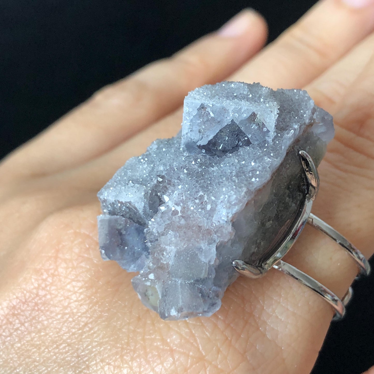 Raw Purple Fluorite Ring with Pink & White Sugar-like coating, Pink Sparky Large Raw Stone Ring Big Crystal Ring, Chunky Irregular ring gift for her large statement ring hugh cocktail ring silver plated copper ring adjustable band ring birthstone ring meditation stone men statement ring