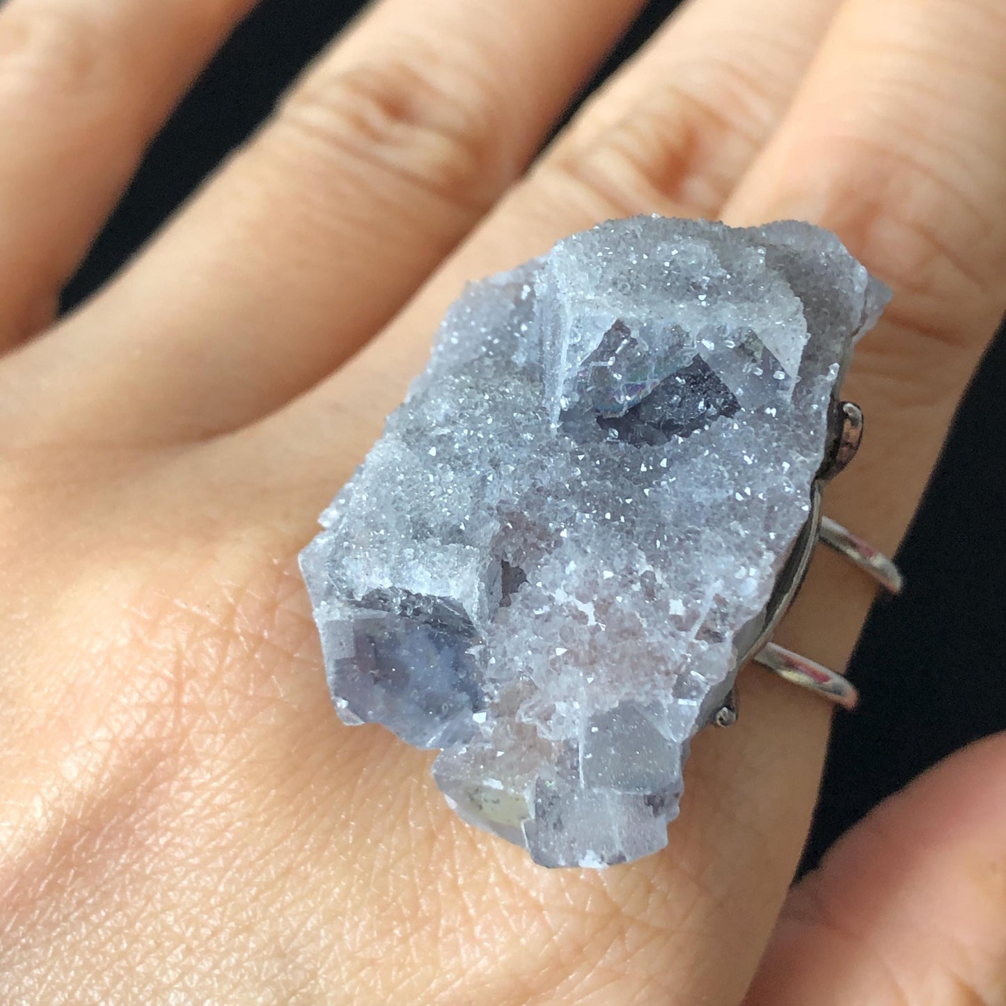 Raw Purple Fluorite Ring with Pink & White Sugar-like coating, Pink Sparky Large Raw Stone Ring Big Crystal Ring, Chunky Irregular ring gift for her large statement ring hugh cocktail ring silver plated copper ring adjustable band ring birthstone ring meditation stone men statement ring