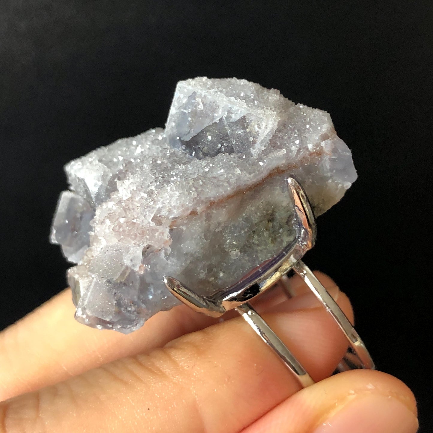 Raw Purple Fluorite Ring with Pink & White Sugar-like coating, Pink Sparky Large Raw Stone Ring Big Crystal Ring, Chunky Irregular ring gift for her large statement ring hugh cocktail ring silver plated copper ring adjustable band ring birthstone ring meditation stone men statement ring