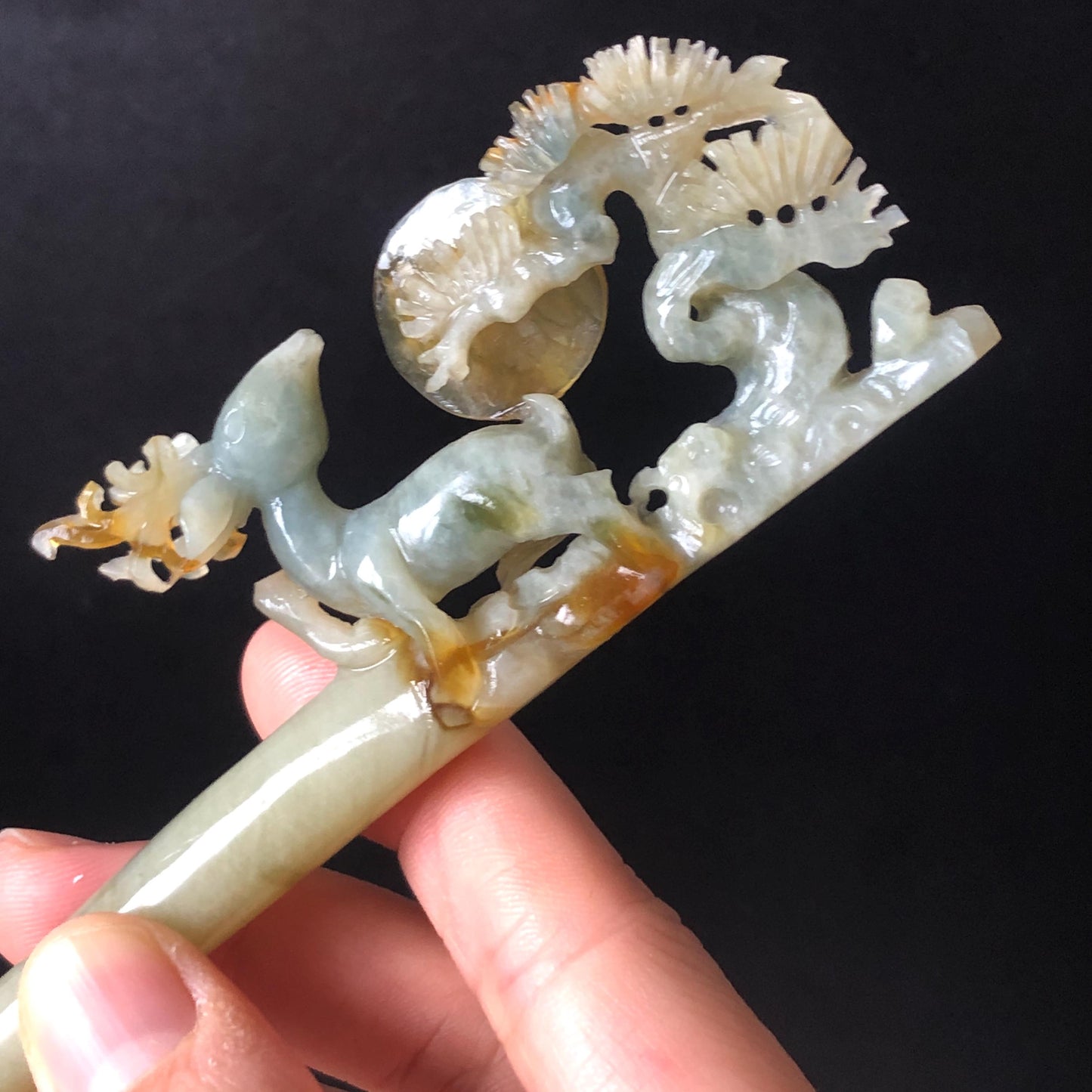 Certificate Xiu Jade Serpentine Hand Carved Deer with Pine Tree & Moon Hair Pin | Green Jade Hair Stick | Asian Chinese Vintage Gift for her green jade carving hand engraved deer hair stick carved pine tree hair fork hanfu hair comb chinese hairpin korean hair stick japanese hairpin antique hair comb certified natural jade