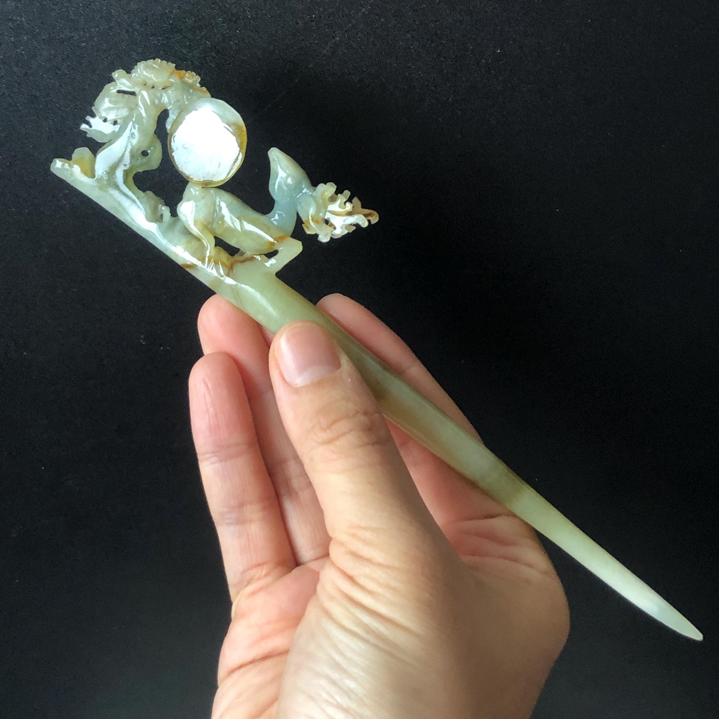 Certificate Xiu Jade Serpentine Hand Carved Deer with Pine Tree & Moon Hair Pin | Green Jade Hair Stick | Asian Chinese Vintage Gift for her green jade carving hand engraved deer hair stick carved pine tree hair fork hanfu hair comb chinese hairpin korean hair stick japanese hairpin antique hair comb certified natural jade