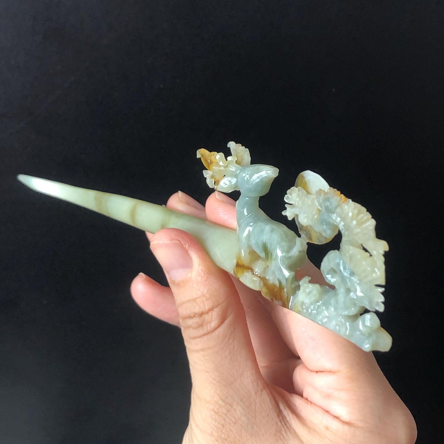 Certificate Xiu Jade Serpentine Hand Carved Deer with Pine Tree & Moon Hair Pin | Green Jade Hair Stick | Asian Chinese Vintage Gift for her green jade carving hand engraved deer hair stick carved pine tree hair fork hanfu hair comb chinese hairpin korean hair stick japanese hairpin antique hair comb certified natural jade