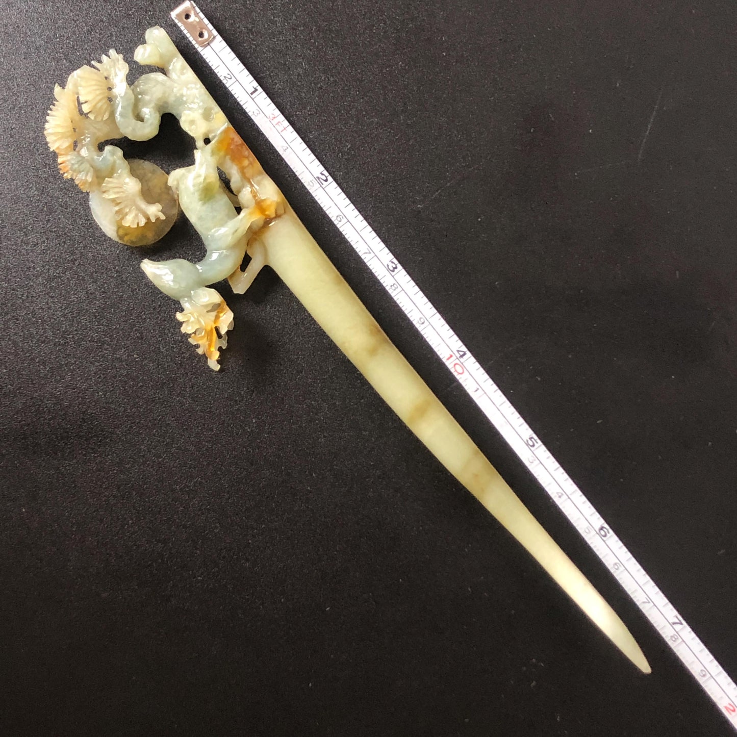 Certificate Xiu Jade Serpentine Hand Carved Deer with Pine Tree & Moon Hair Pin | Green Jade Hair Stick | Asian Chinese Vintage Gift for her green jade carving hand engraved deer hair stick carved pine tree hair fork hanfu hair comb chinese hairpin korean hair stick japanese hairpin antique hair comb certified natural jade