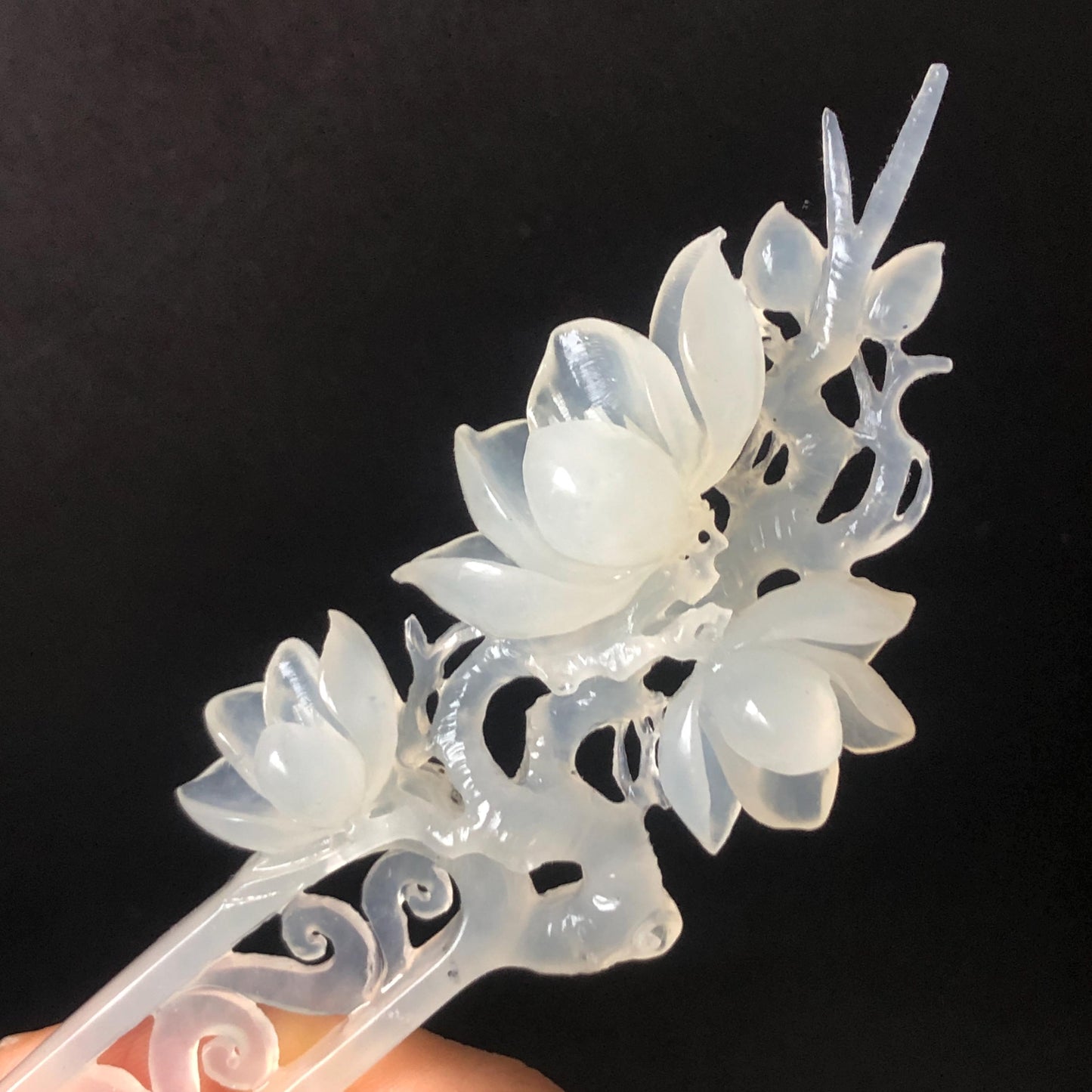 Certificate Xiu Jade Serpentine Hand Carved Peach Blossom Flower Hair Pin | Ice White Jade Hair Stick | Asian Chinese Vintage Hair Fork gift for her bridal shower gift bridal hair clip wedding gift engagement hair stick hanfu hair fork korean hair comb japanese hairpin vintage hair stick certified natural jade white jade carving flower carving peach blossom