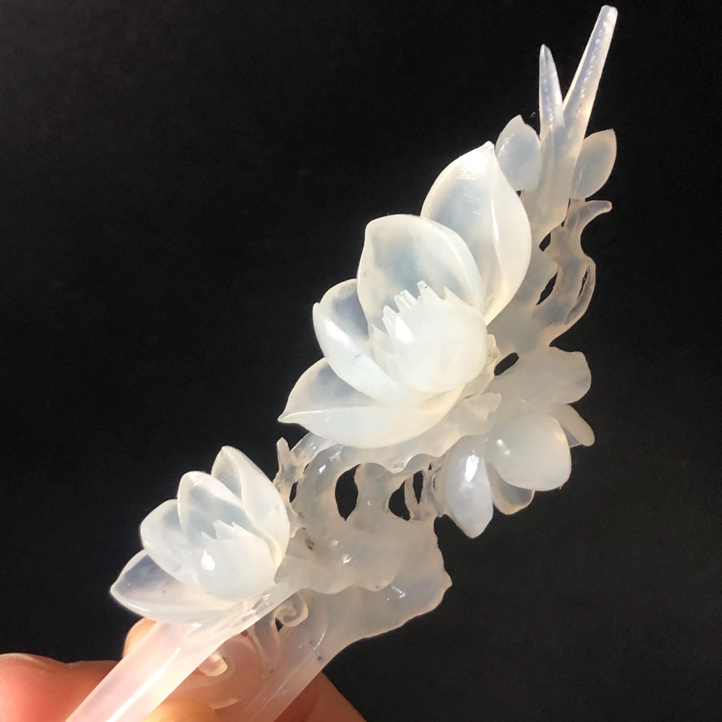 Certificate Xiu Jade Serpentine Hand Carved Peach Blossom Flower Hair Pin | Ice White Jade Hair Stick | Asian Chinese Vintage Hair Fork gift for her bridal shower gift bridal hair clip wedding gift engagement hair stick hanfu hair fork korean hair comb japanese hairpin vintage hair stick certified natural jade white jade carving flower carving peach blossom