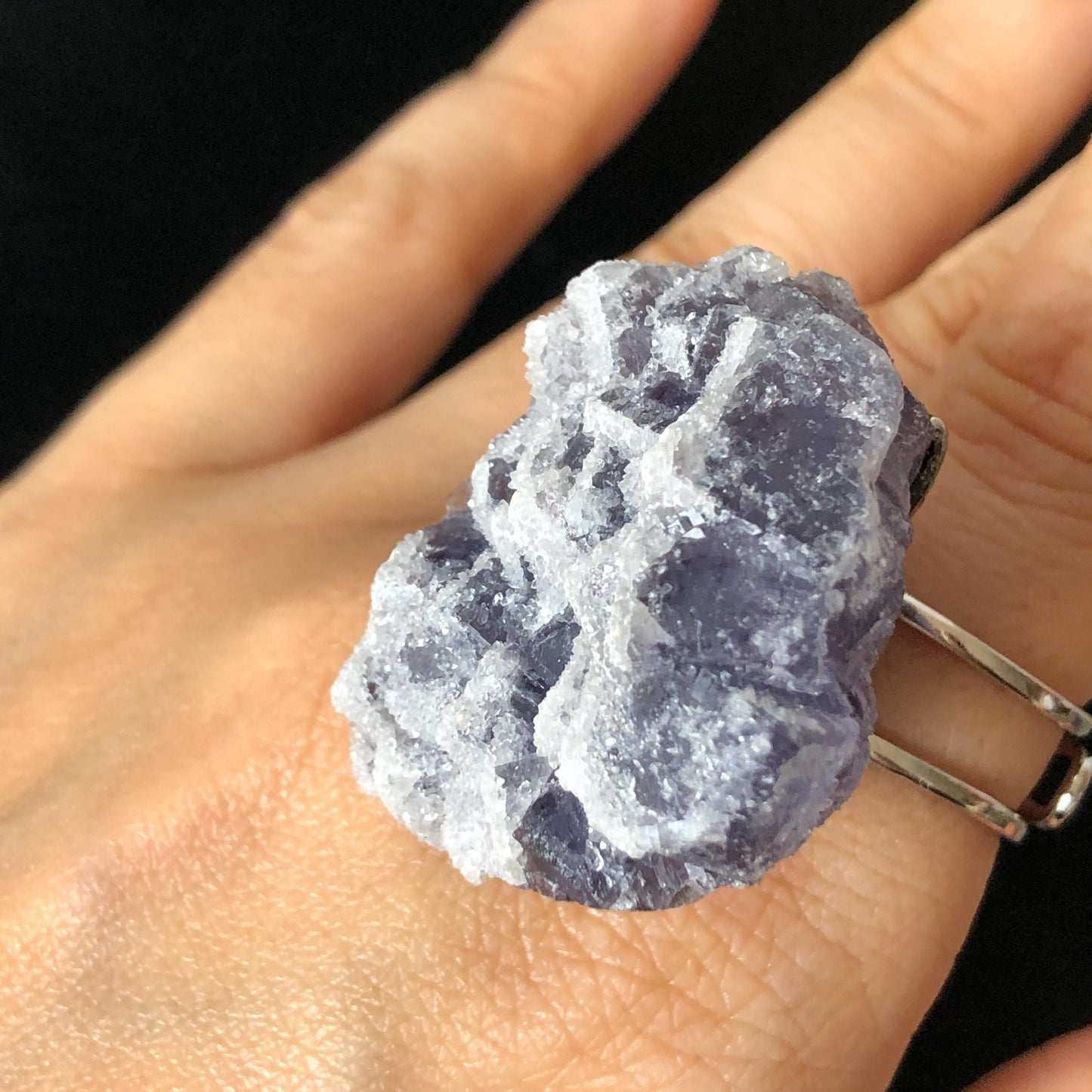 Raw Purple Fluorite Ring with Sparkle White Sugar-like Crystal Coating, Adjustable Statement Band Ring, Irregular Chucky Big Stone Ring Gift for her Large Crystal ring Big Stone Ring Hugh Statement Ring Irregular stone ring chucky ring for her raw minerals ring purple crystal ring large cocktail ring