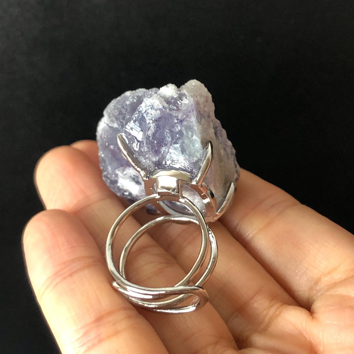 Raw Purple Fluorite Ring with Sparkle White Sugar-like Crystal Coating, Adjustable Statement Band Ring, Irregular Chucky Big Stone Ring Gift for her Large Crystal ring Big Stone Ring Hugh Statement Ring Irregular stone ring chucky ring for her raw minerals ring purple crystal ring large cocktail ring