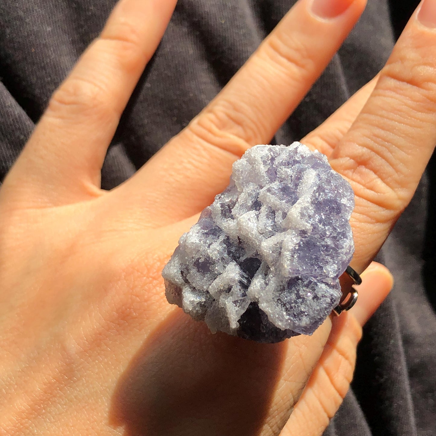 Raw Purple Fluorite Ring with Sparkle White Sugar-like Crystal Coating, Adjustable Statement Band Ring, Irregular Chucky Big Stone Ring Gift for her Large Crystal ring Big Stone Ring Hugh Statement Ring Irregular stone ring chucky ring for her raw minerals ring purple crystal ring large cocktail ring
