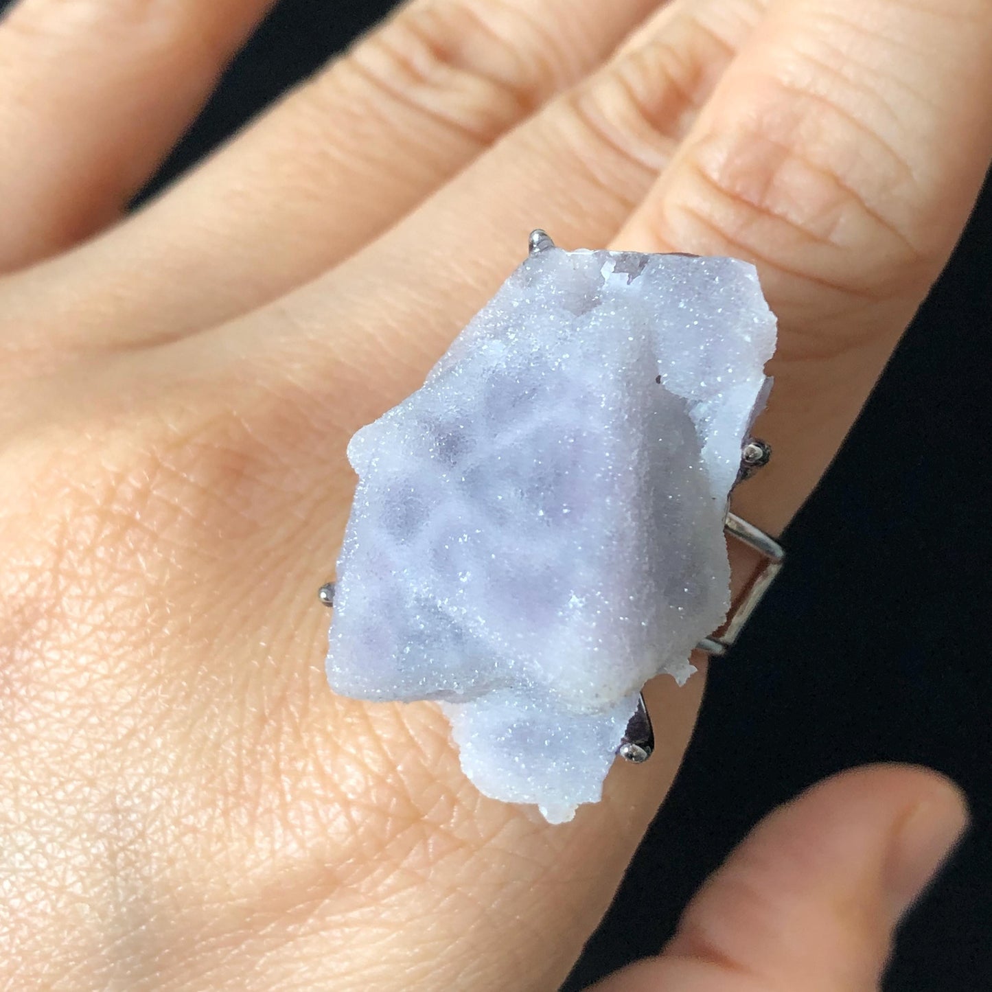 Raw Purple Fluorite Crystal Ring with Sparkling White Sugar-like Crystal Coating | Big Stone Statement Ring, Large Irregular Chucky Gemstone Gift for her Raw Mineral Ring Big Crystal Ring Huge Stone Ring Large Cocktail Ring for men silver-plated copper ring feburary birthstone adjustable band ring sparkle crystal ring for women