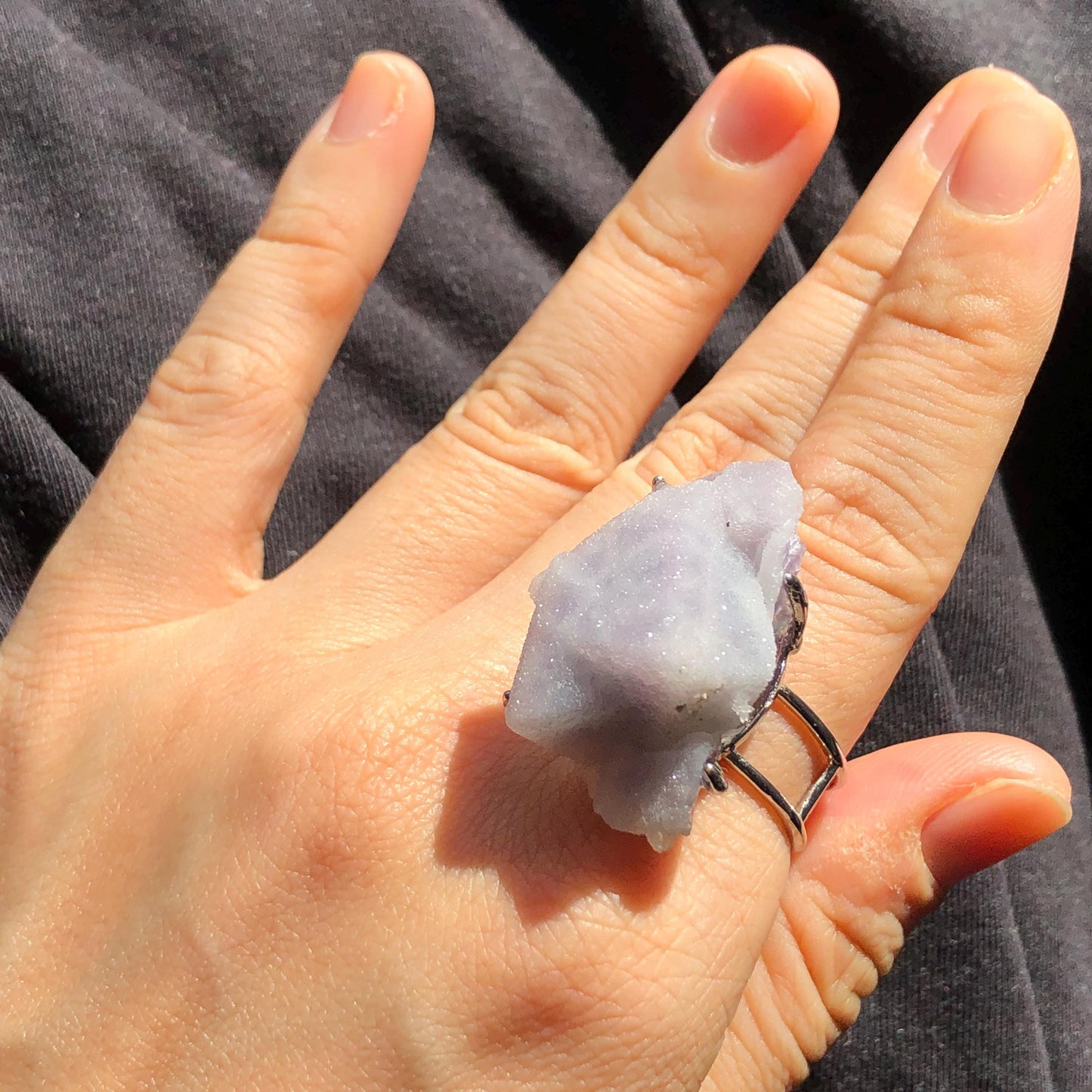 Raw Purple Fluorite Crystal Ring with Sparkling White Sugar-like Crystal Coating | Big Stone Statement Ring, Large Irregular Chucky Gemstone Gift for her Raw Mineral Ring Big Crystal Ring Huge Stone Ring Large Cocktail Ring for men silver-plated copper ring feburary birthstone adjustable band ring sparkle crystal ring for women