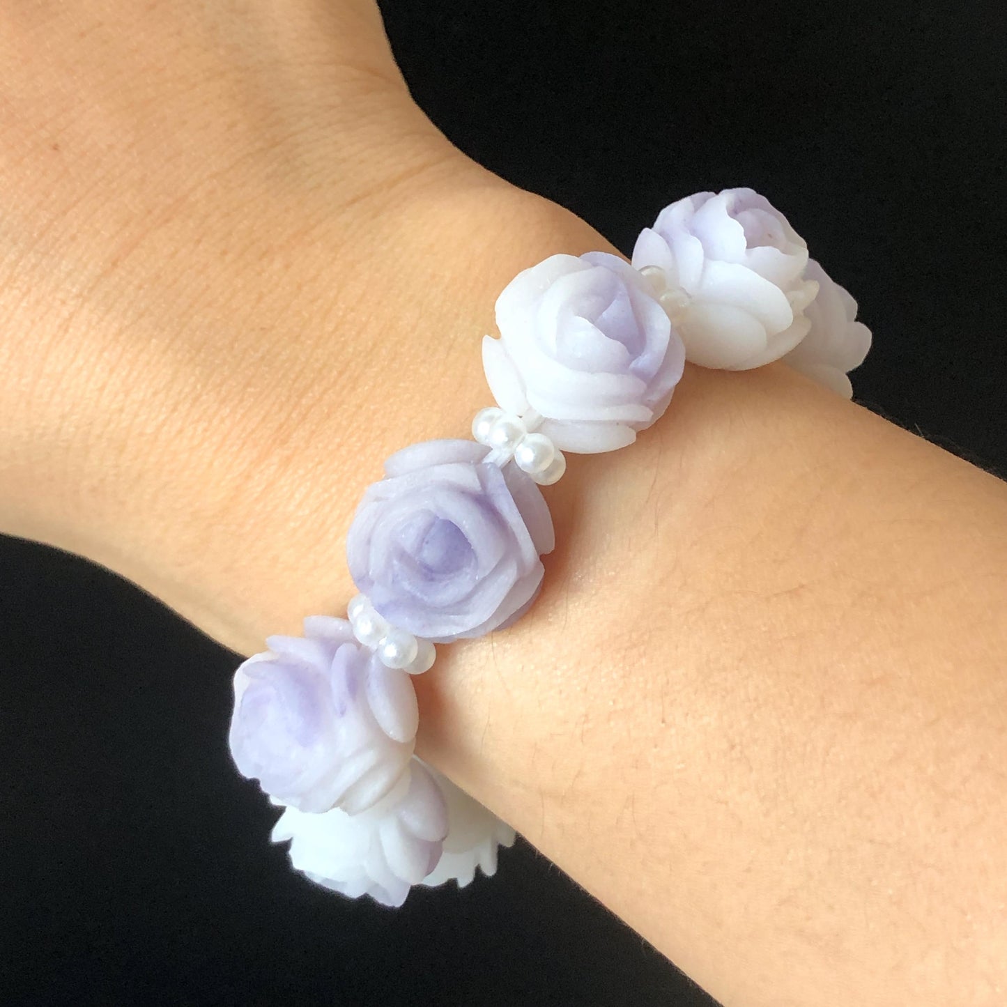 Unpolished Natural SheTaiCui Jade (Quartzite) Hand Carved Purple White Rose Charms Bracelet & Ring | Big Bead Jade Bracelet | Engraved Stone diy bracelet white jade purple jade carving flower carving untreated jade large crystal bracelet big gemstone bracelet tailor made bracelet gift for her jade ring hand carved ring