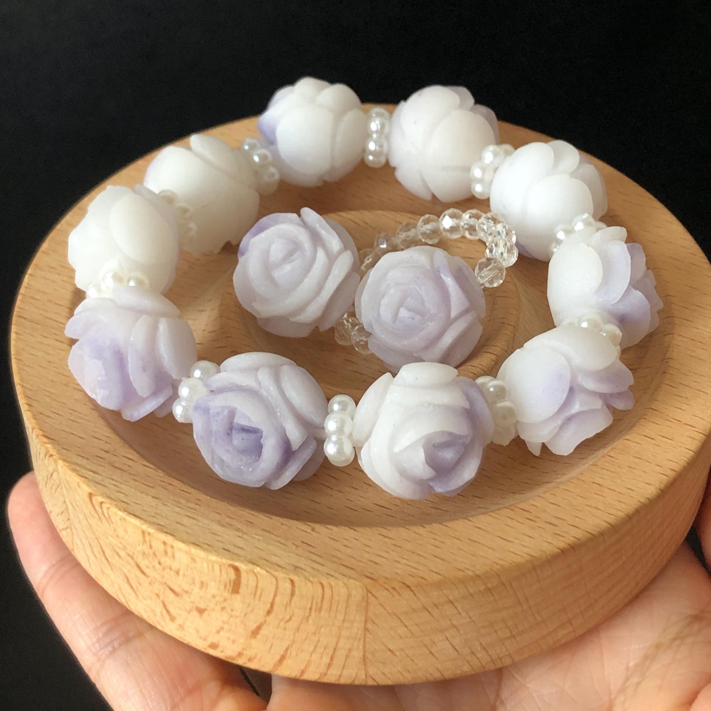 Unpolished Natural SheTaiCui Jade (Quartzite) Hand Carved Purple White Rose Charms Bracelet & Ring | Big Bead Jade Bracelet | Engraved Stone diy bracelet white jade purple jade carving flower carving untreated jade large crystal bracelet big gemstone bracelet tailor made bracelet gift for her jade ring hand carved ring