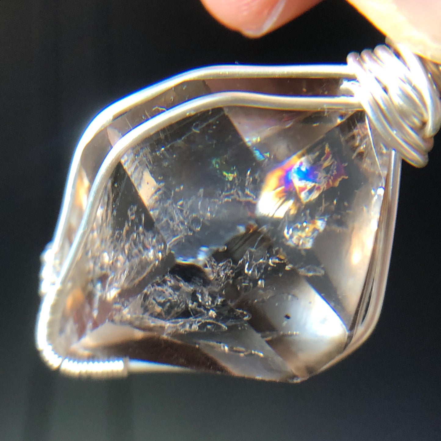 Rare Smoky Herkimer Diamond Sterling Silver Pendant Adjustable Necklace | Polished Enhydro Crystal | Moving Sand & Bubble with Rainbow Stone Gift for her gemstone charm necklace crystal choker healing stone birthstone necklace gift rainbow inclusion black herkimer diamond herkimer quartz